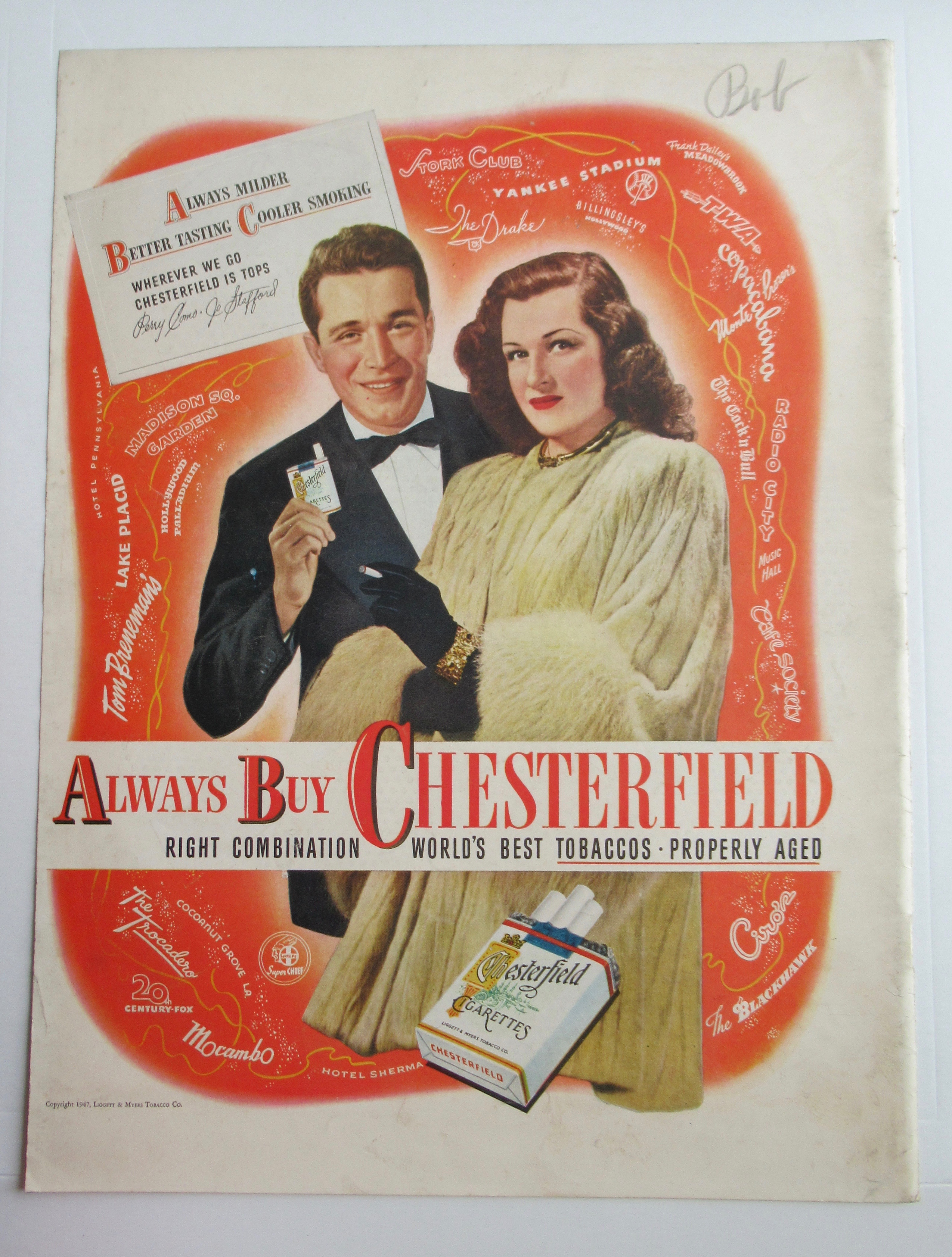 1946 Chesterfield Cigarettes w/Perry Como & Jo Stafford
