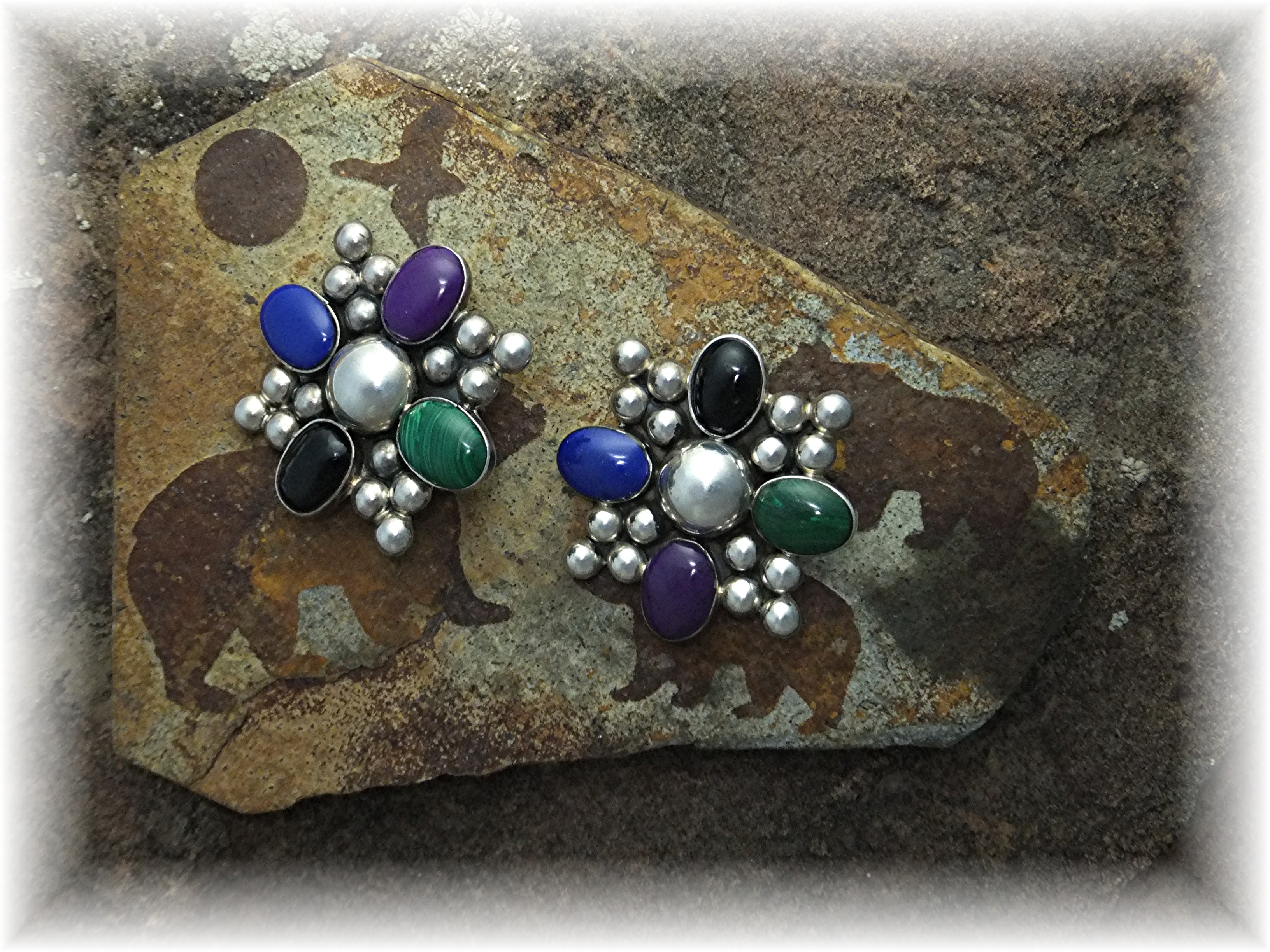 Earrings Sterling Silver Mexico lapis Malachite Onyx Cl
