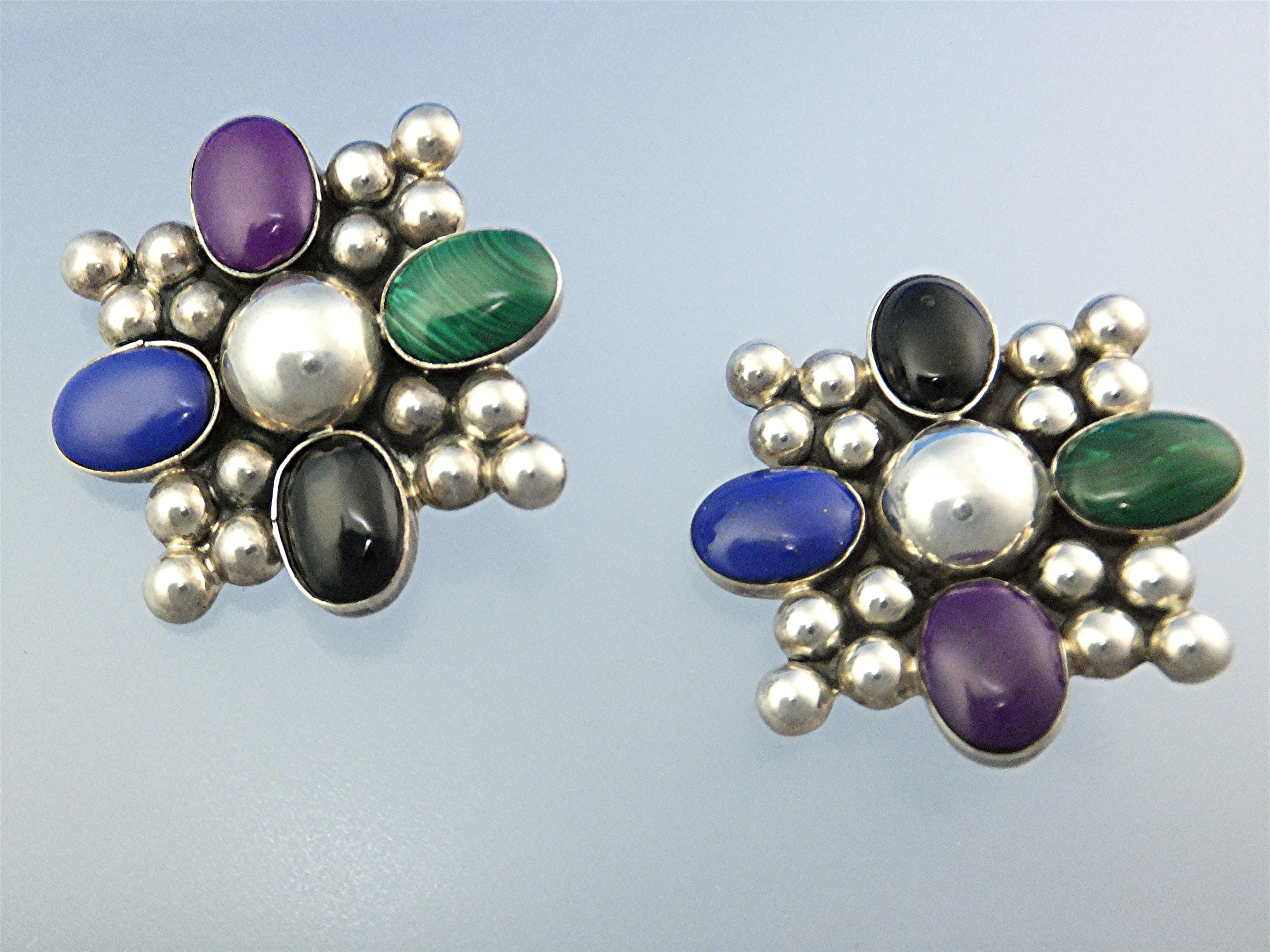 Earrings Sterling Silver Mexico lapis Malachite Onyx Cl