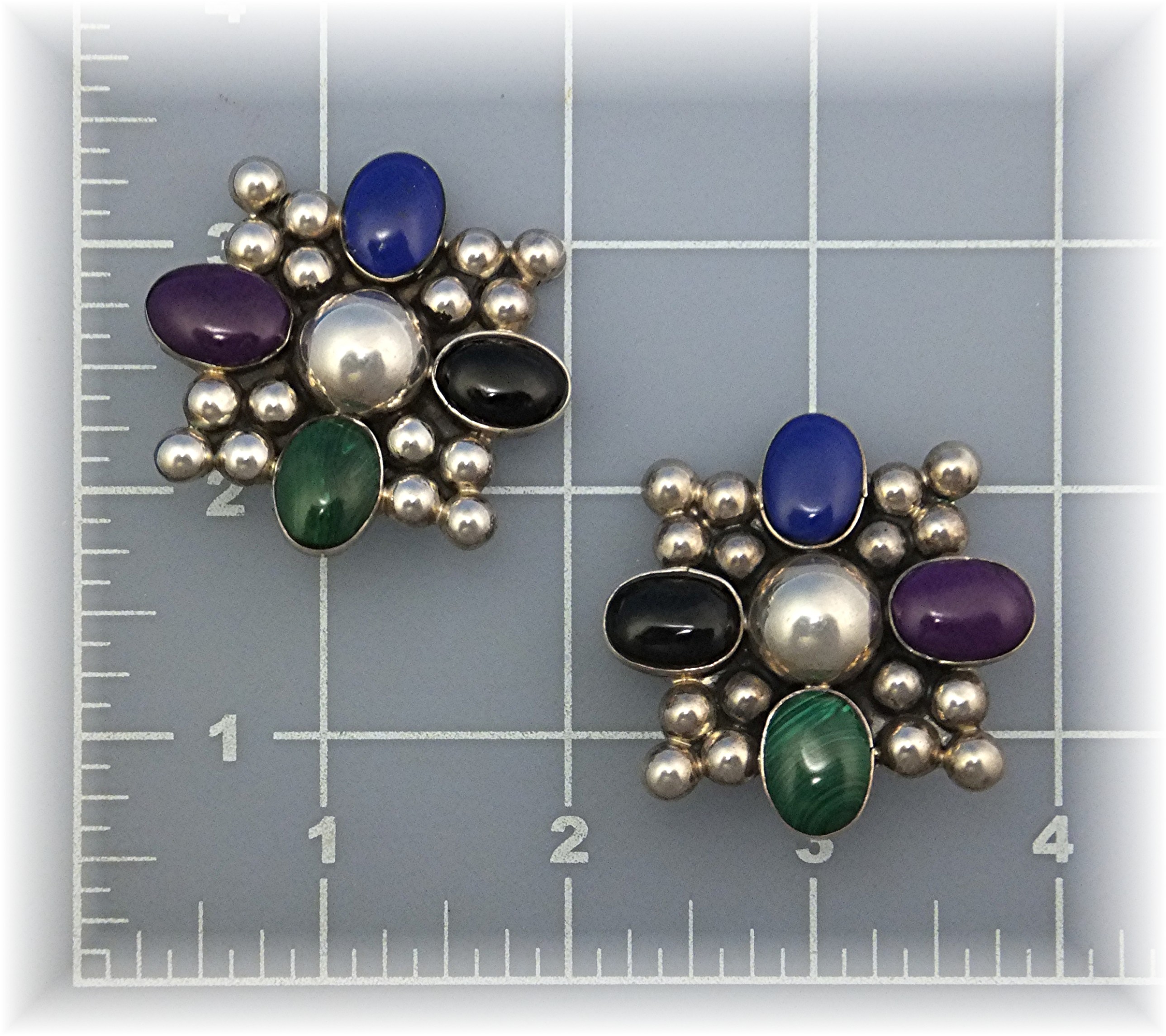 Earrings Sterling Silver Mexico lapis Malachite Onyx Cl