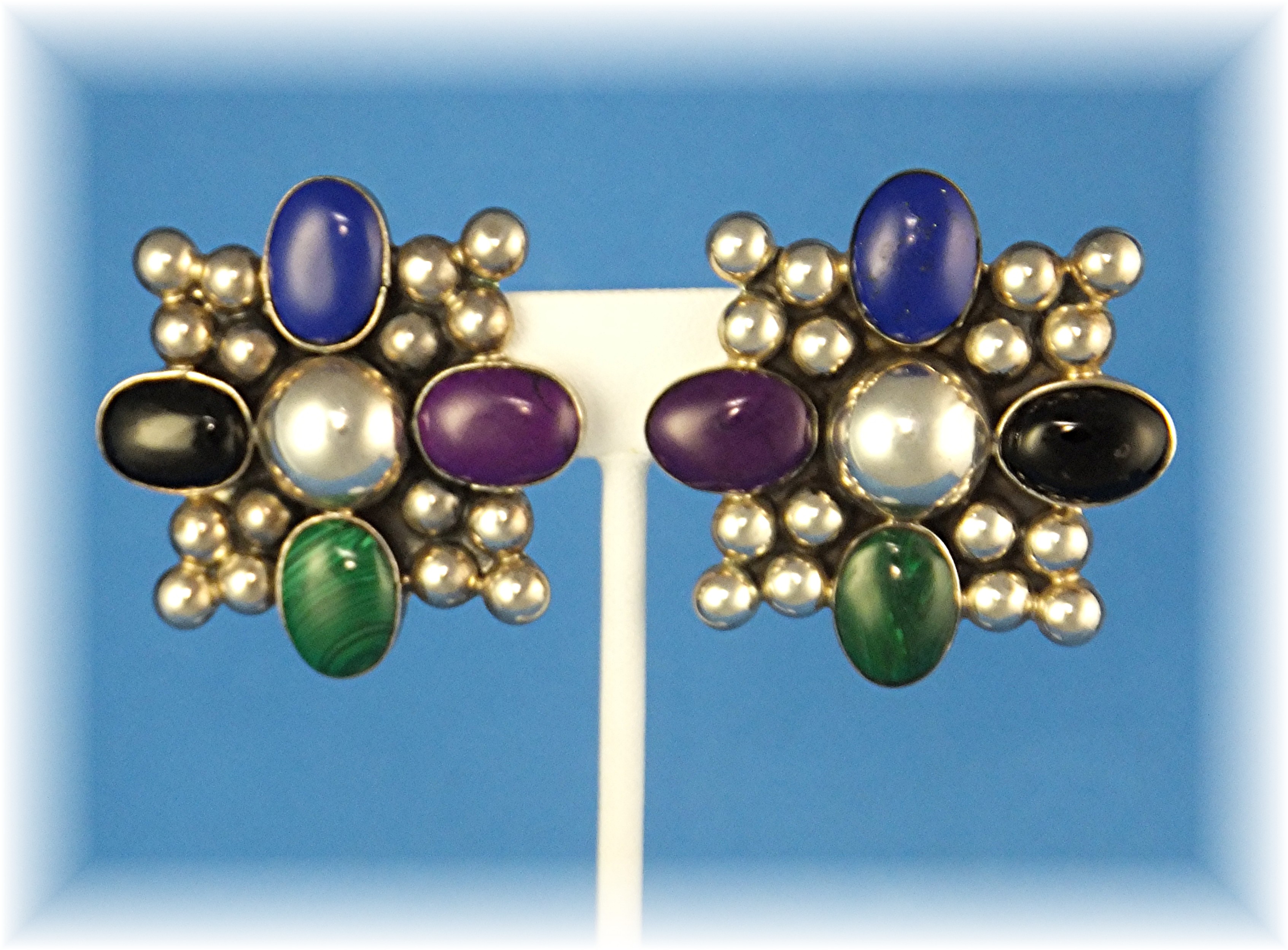 Earrings Sterling Silver Mexico lapis Malachite Onyx Cl