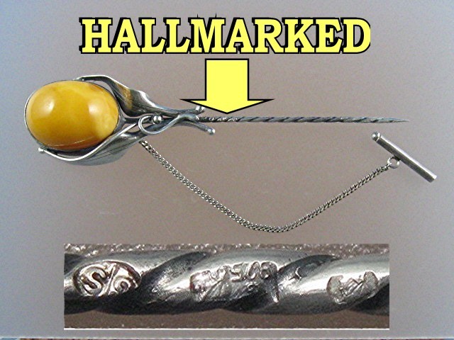 Butterscotch Amber Hallmarked Sterling Silver Stick pin