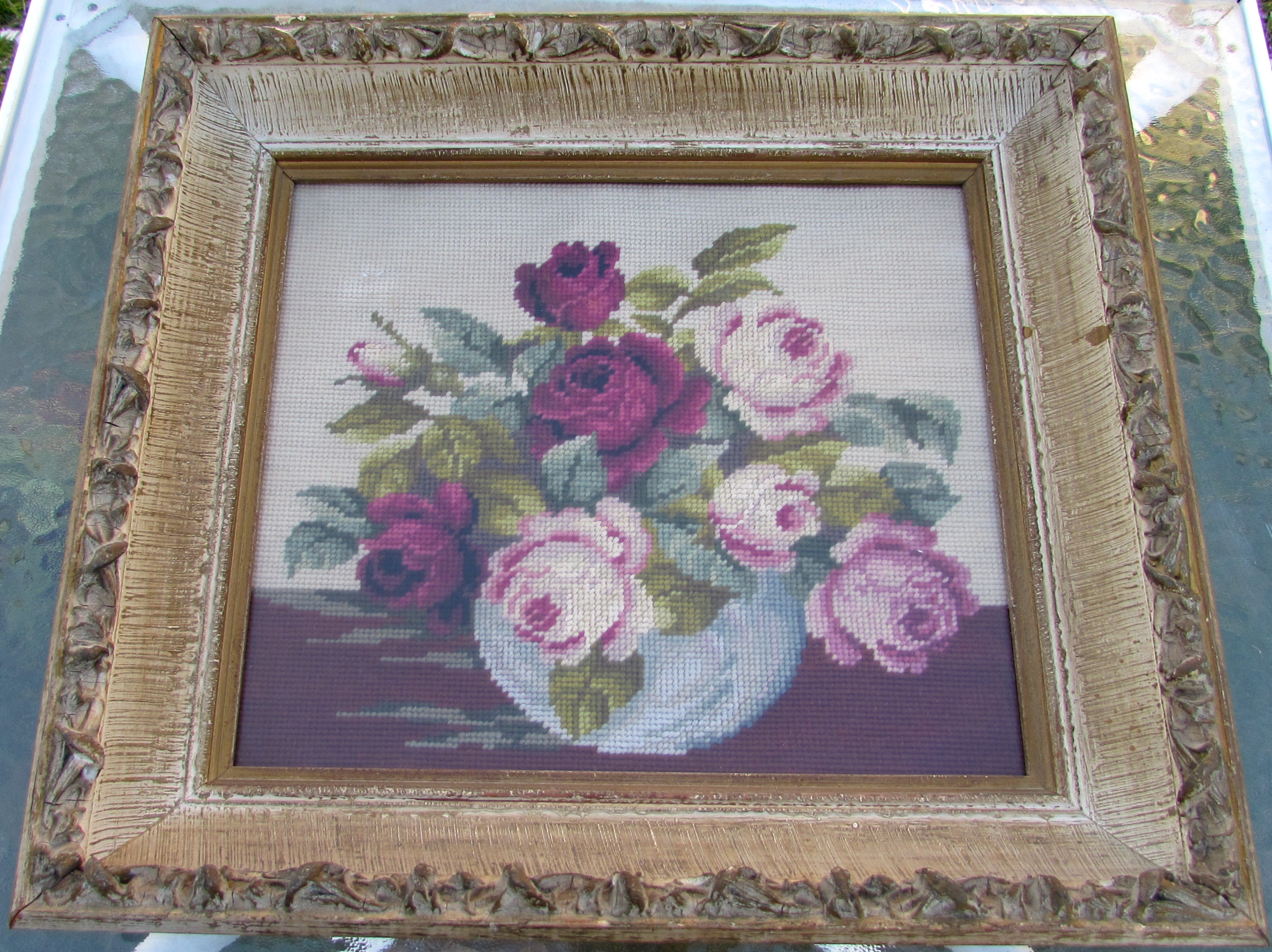 Floral Rose Needlepoint in Gesso Frame Signed and Dated