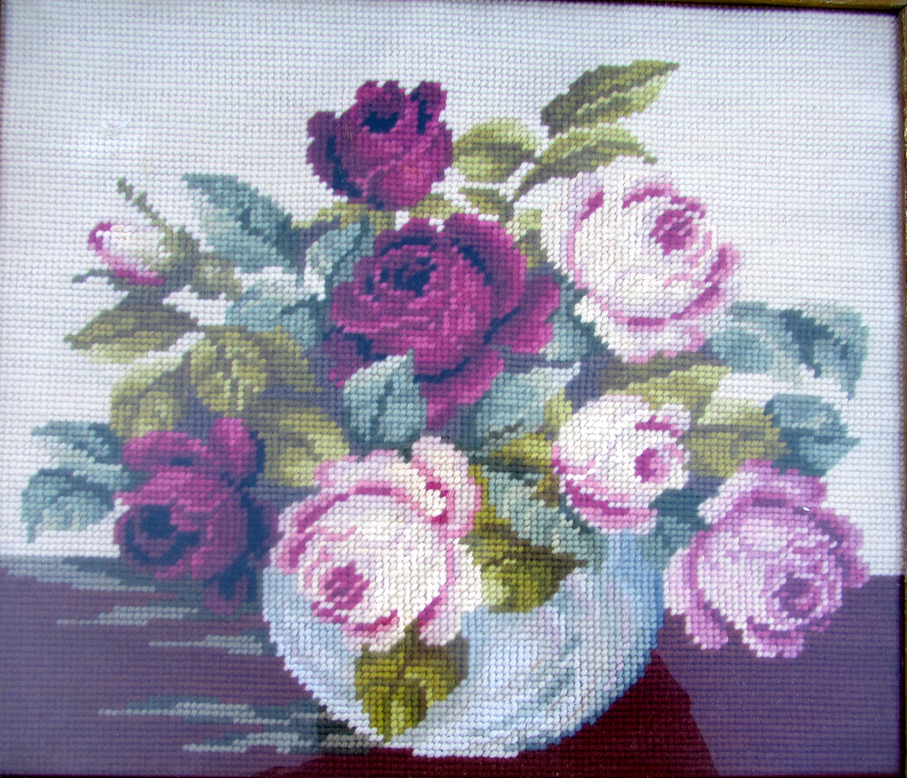 Floral Rose Needlepoint in Gesso Frame Signed and Dated