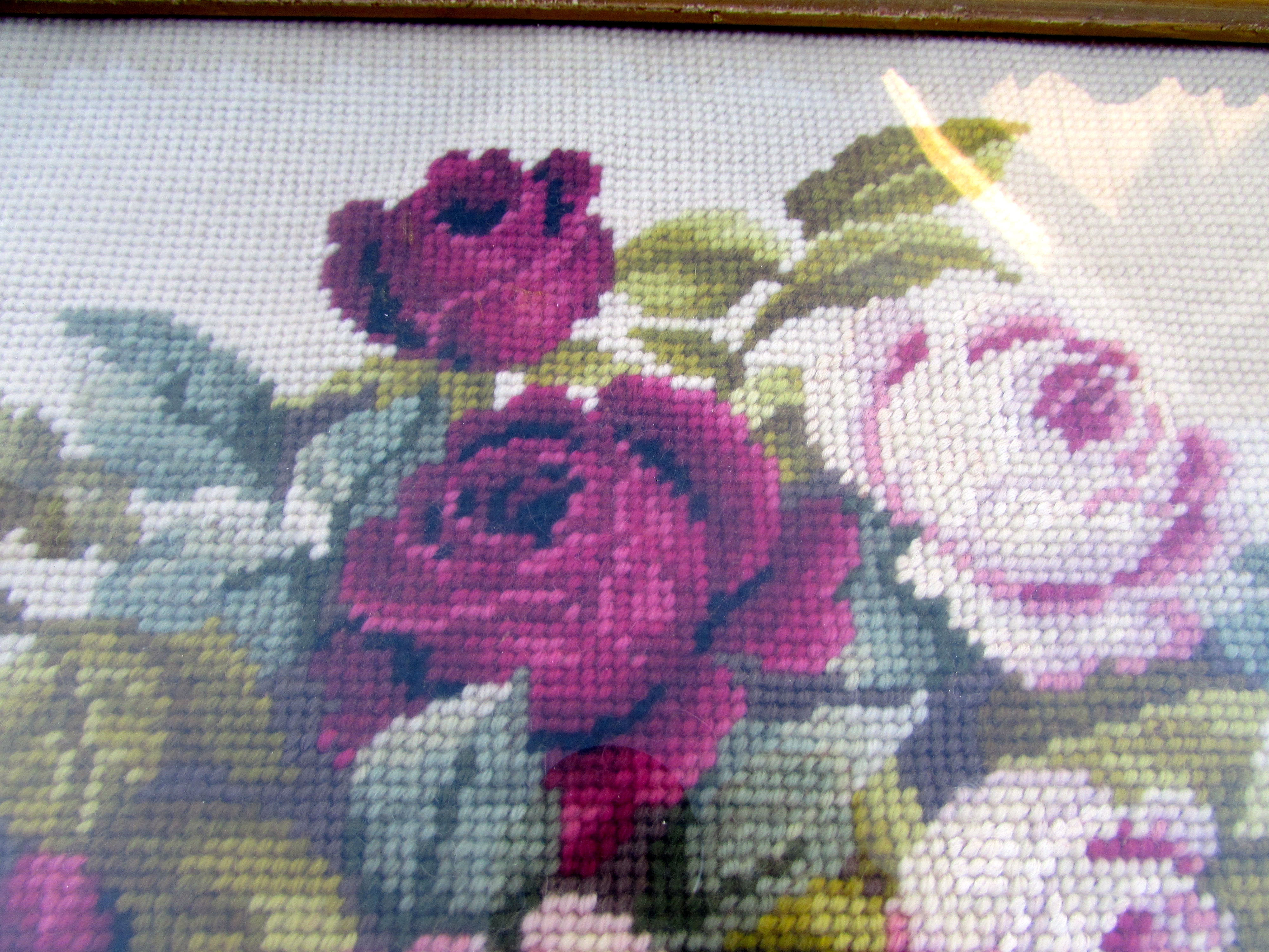 Floral Rose Needlepoint in Gesso Frame Signed and Dated