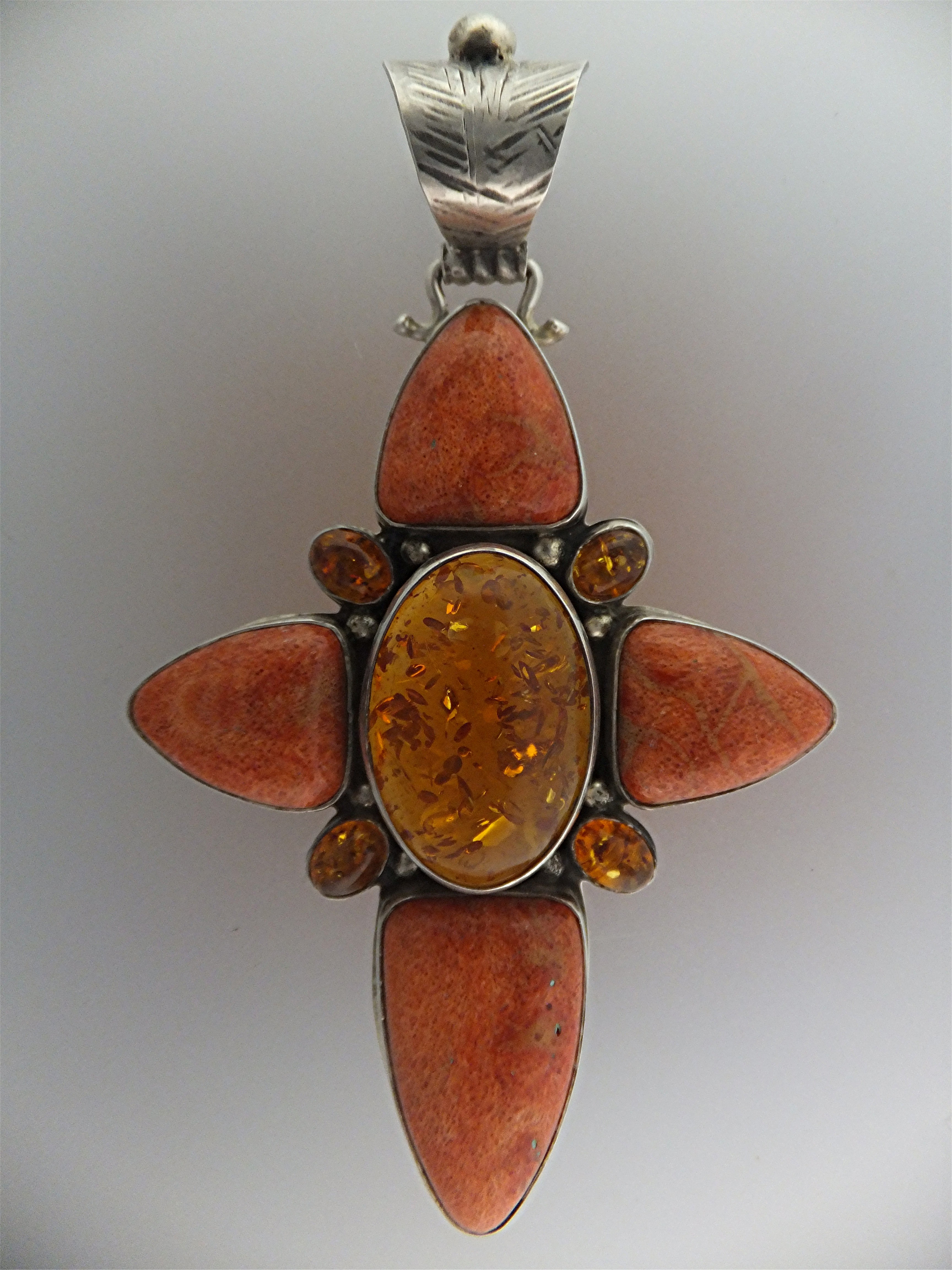 David Troutman Coral Amber Sterling Silver Cross Pendan