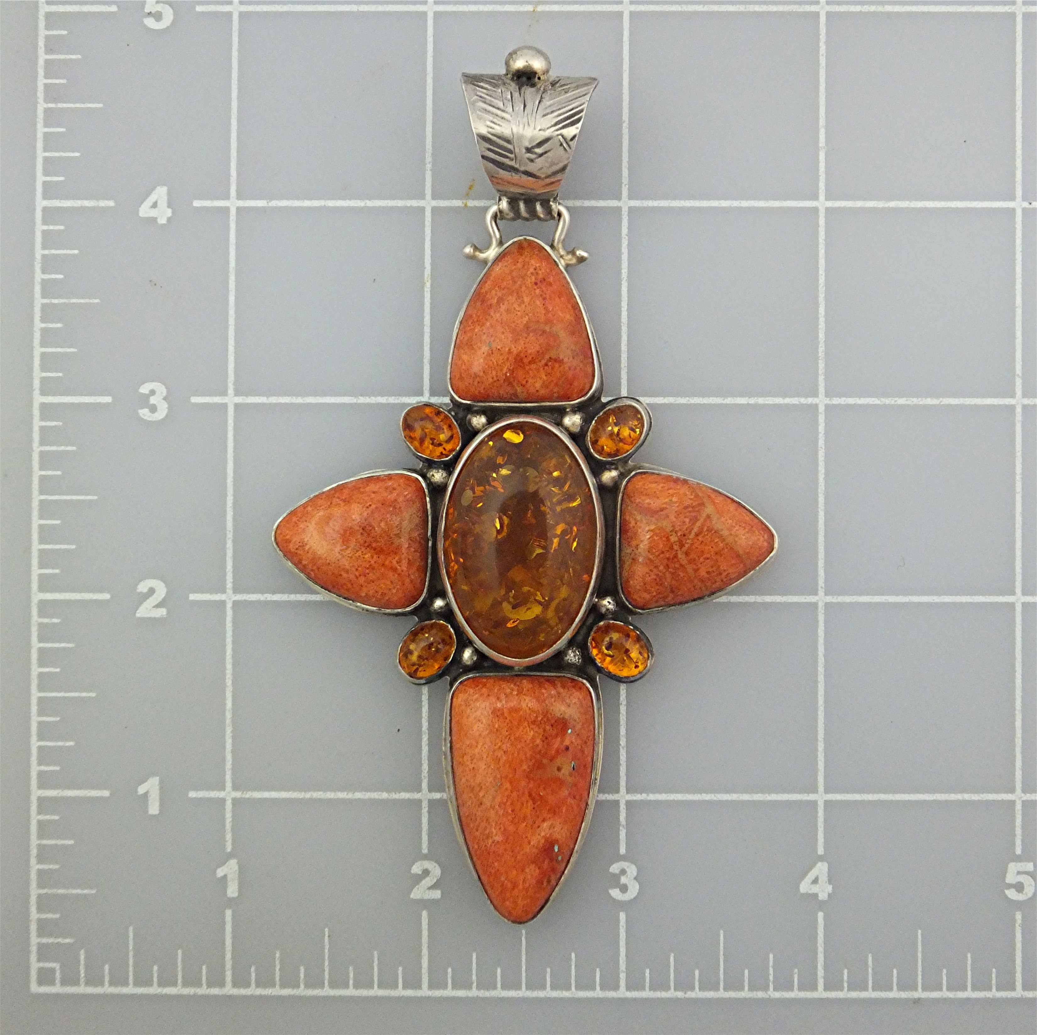 David Troutman Coral Amber Sterling Silver Cross Pendan