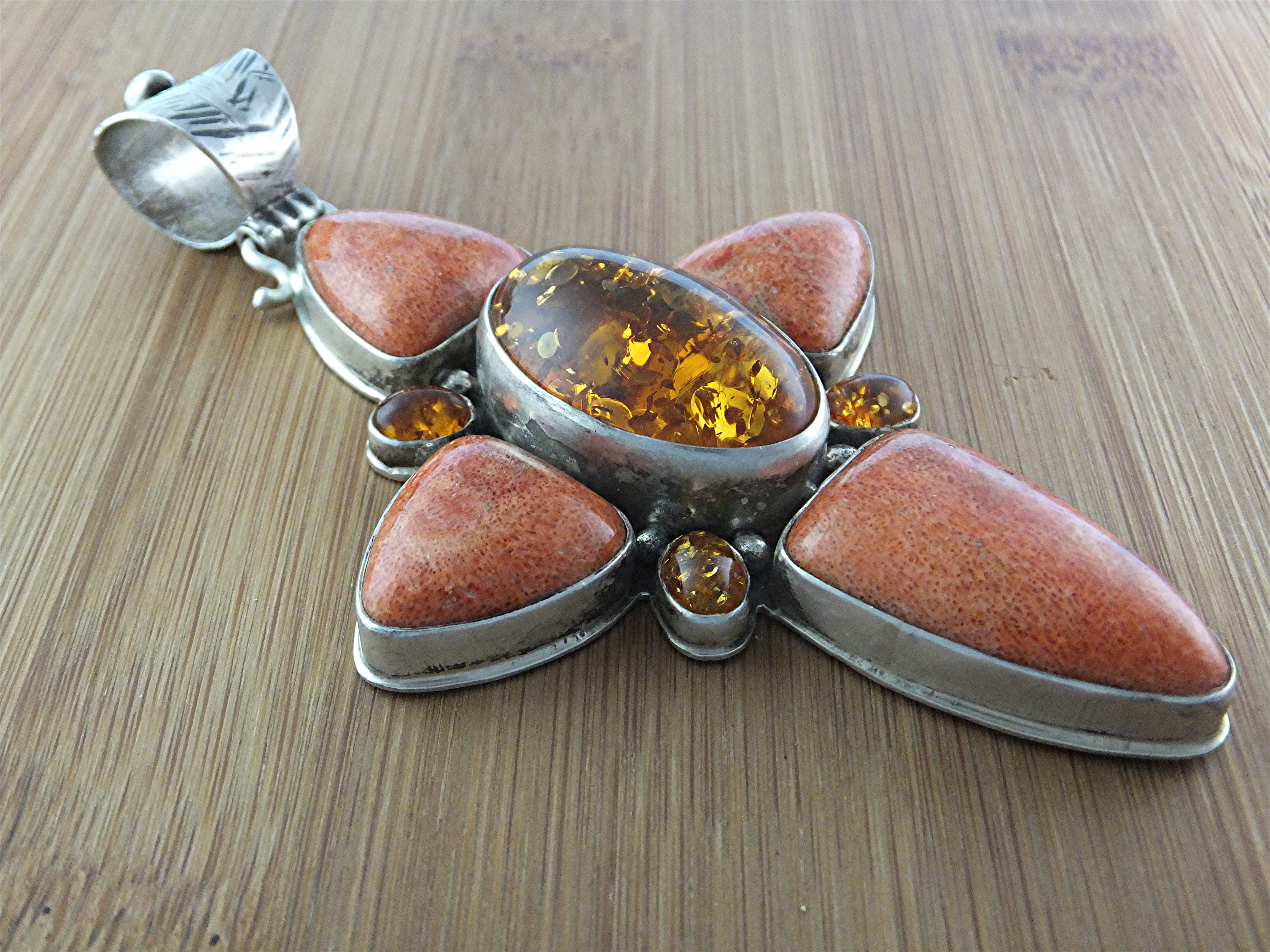 David Troutman Coral Amber Sterling Silver Cross Pendan