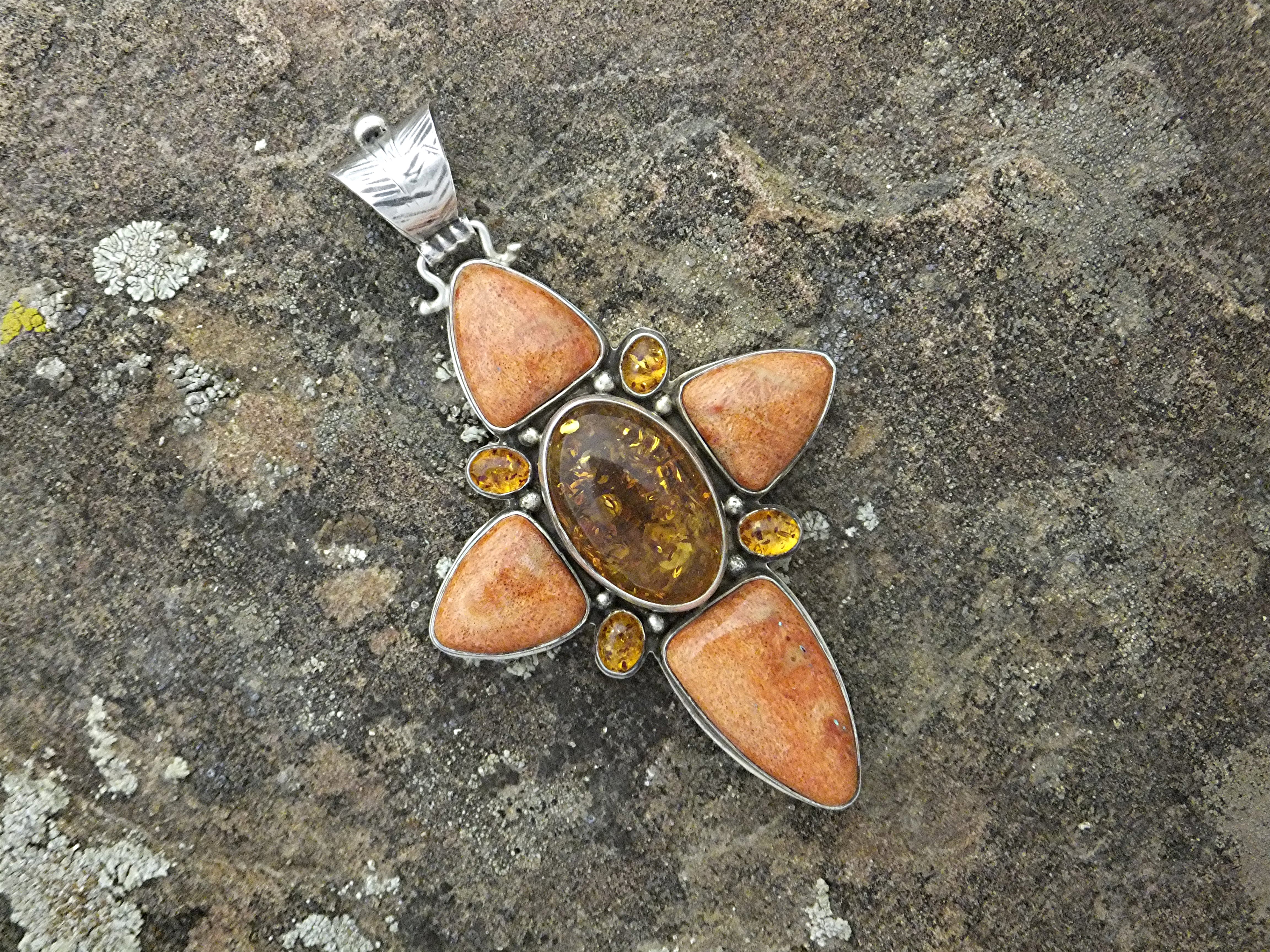 David Troutman Coral Amber Sterling Silver Cross Pendan