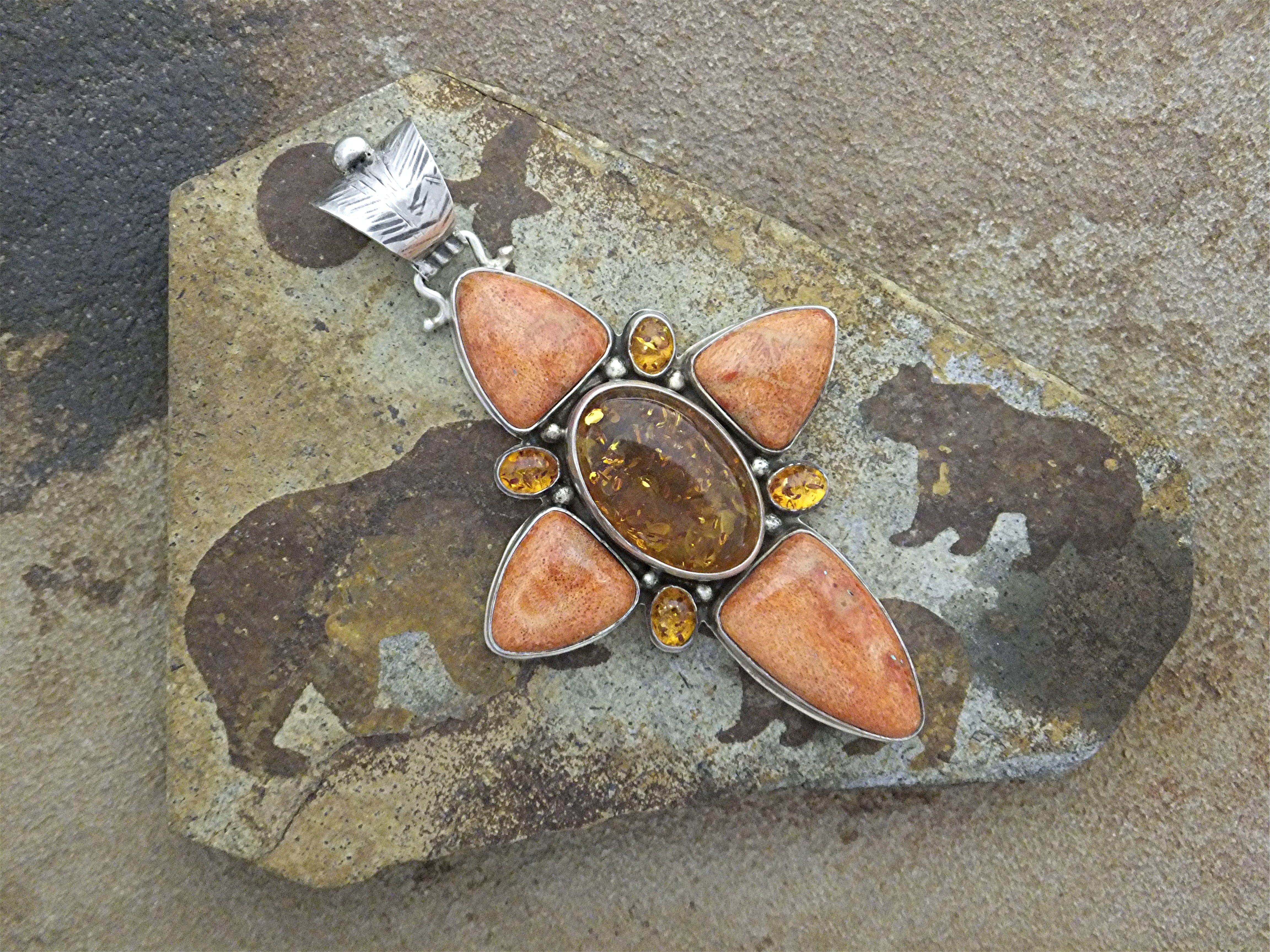 David Troutman Coral Amber Sterling Silver Cross Pendan