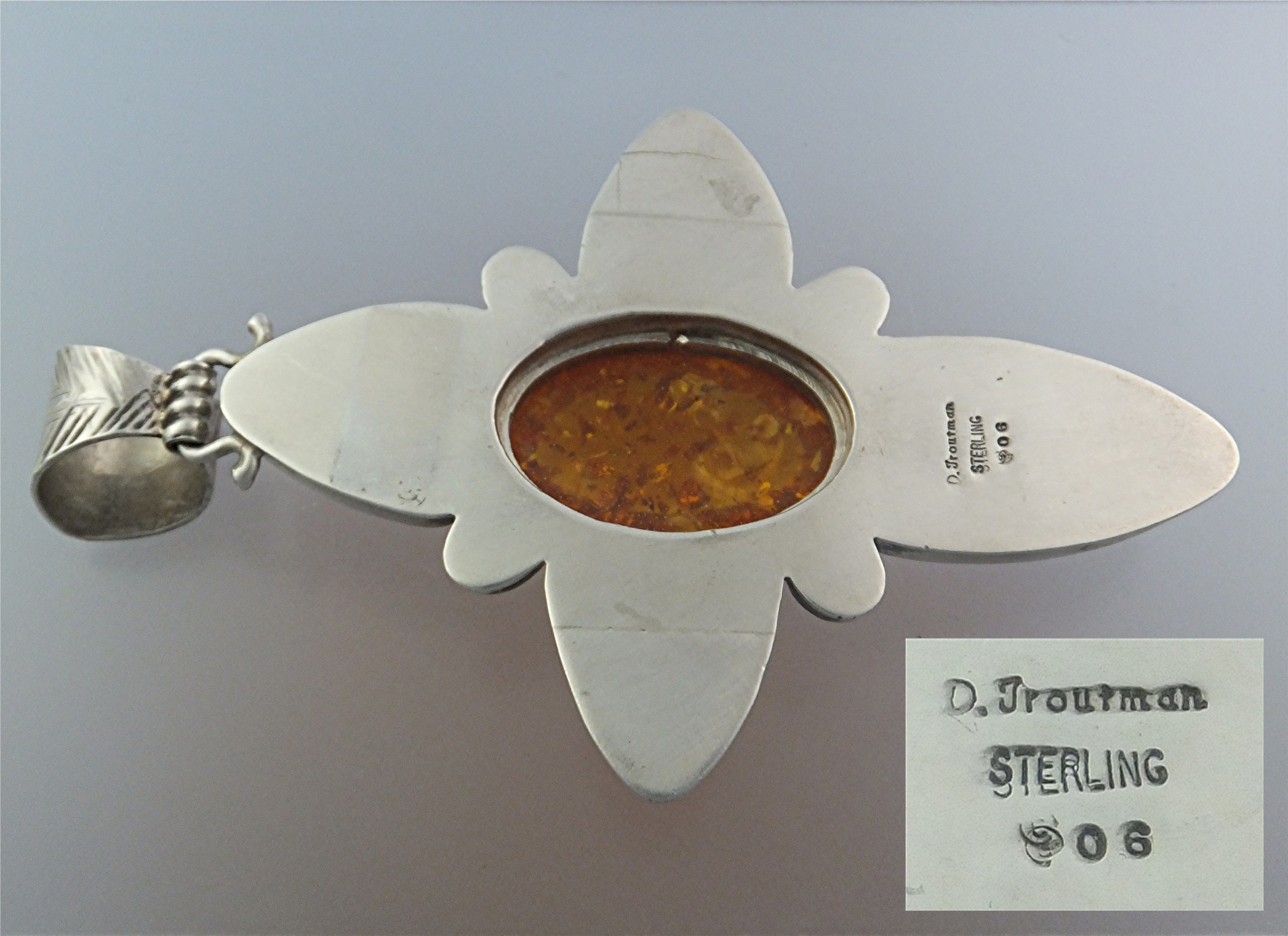David Troutman Coral Amber Sterling Silver Cross Pendan
