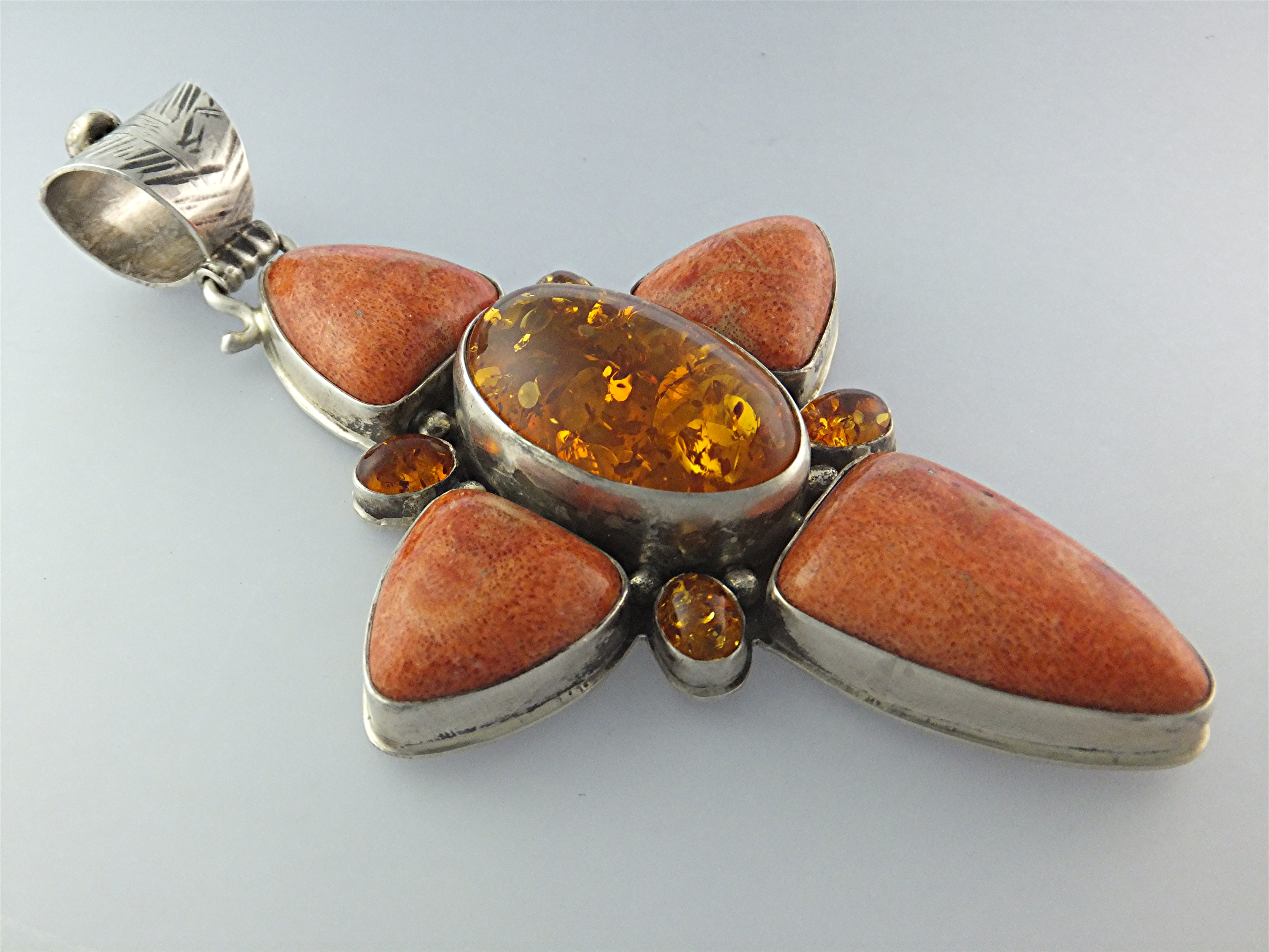 David Troutman Coral Amber Sterling Silver Cross Pendan