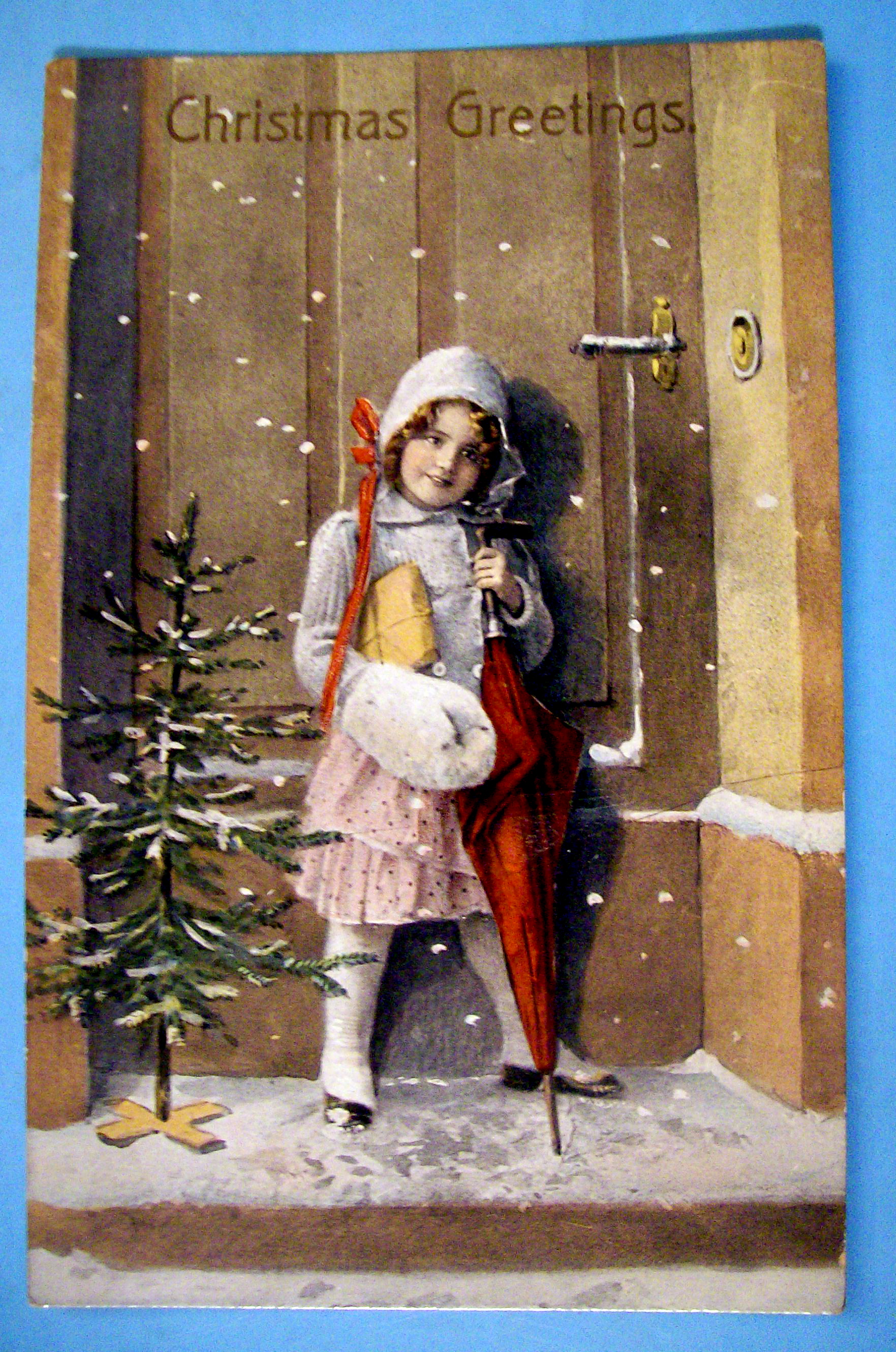 Christmas Greetings Postcard w/Girl with Umbrella