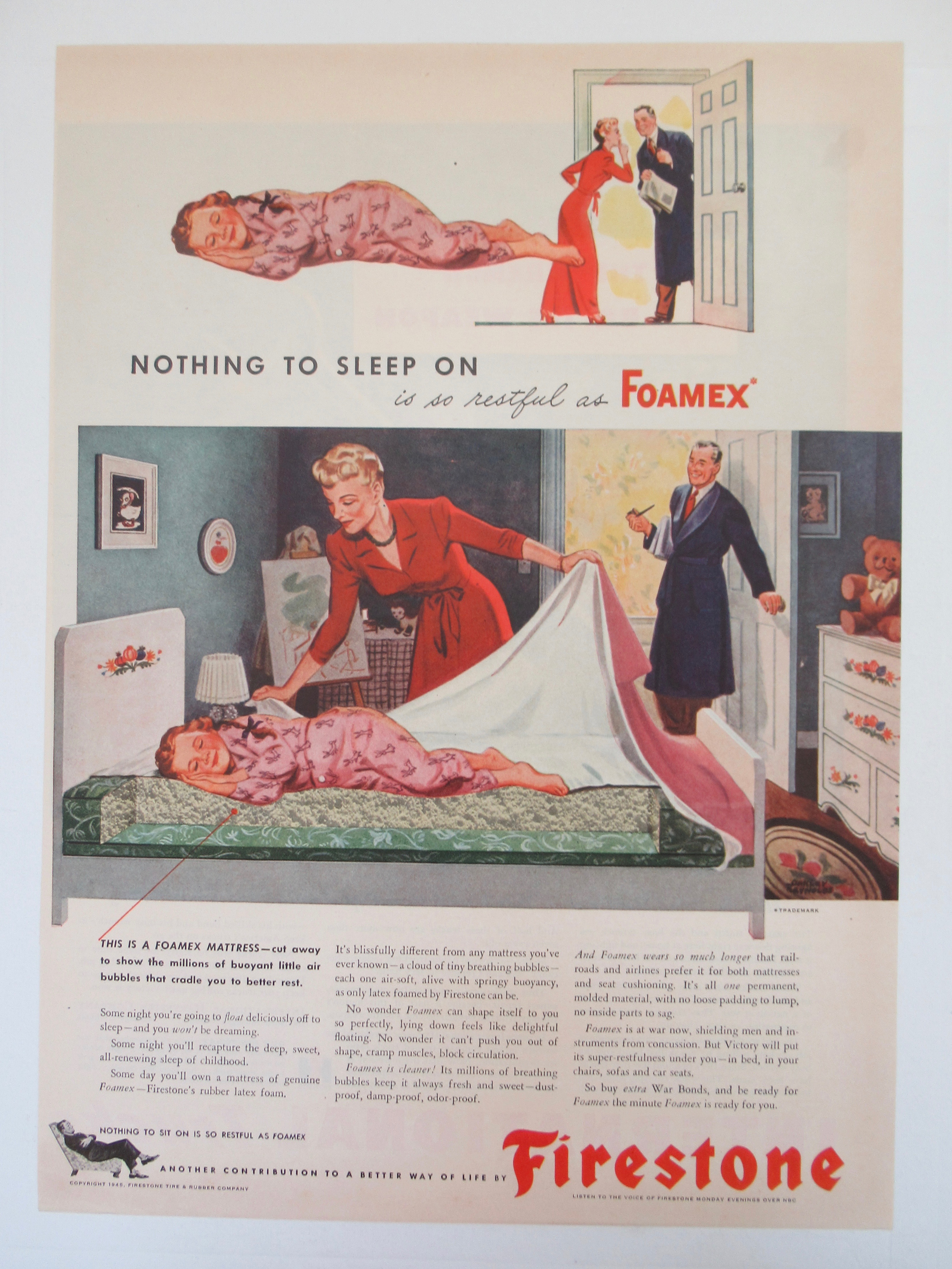 1945 Firestone Foamex Mattress w/ Little Girl Sleeping