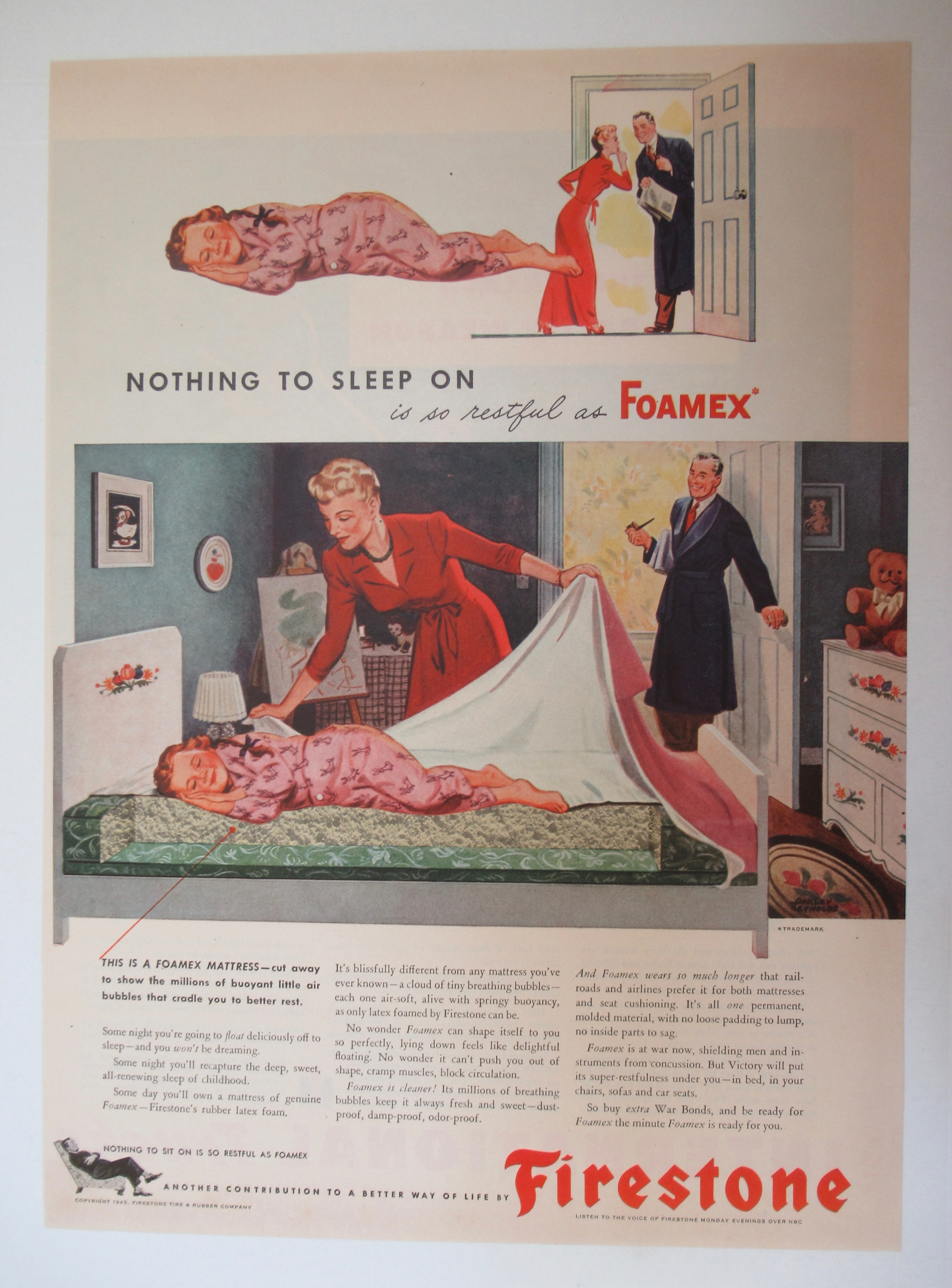 1945 Firestone Foamex Mattress w/ Little Girl Sleeping