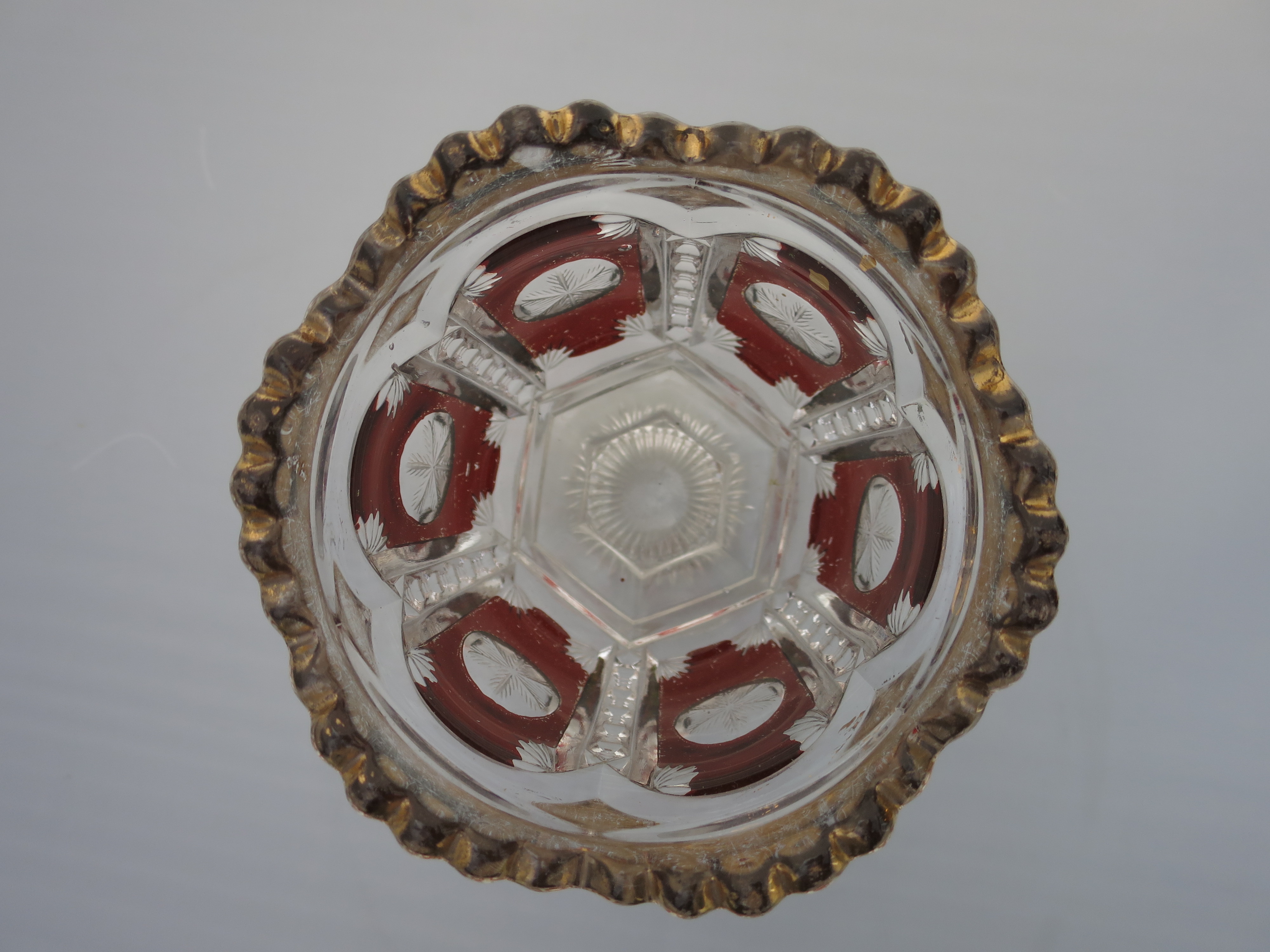 Ruby Red Snow Flake Saw Tooth Sugar Bowl with Gold Trim