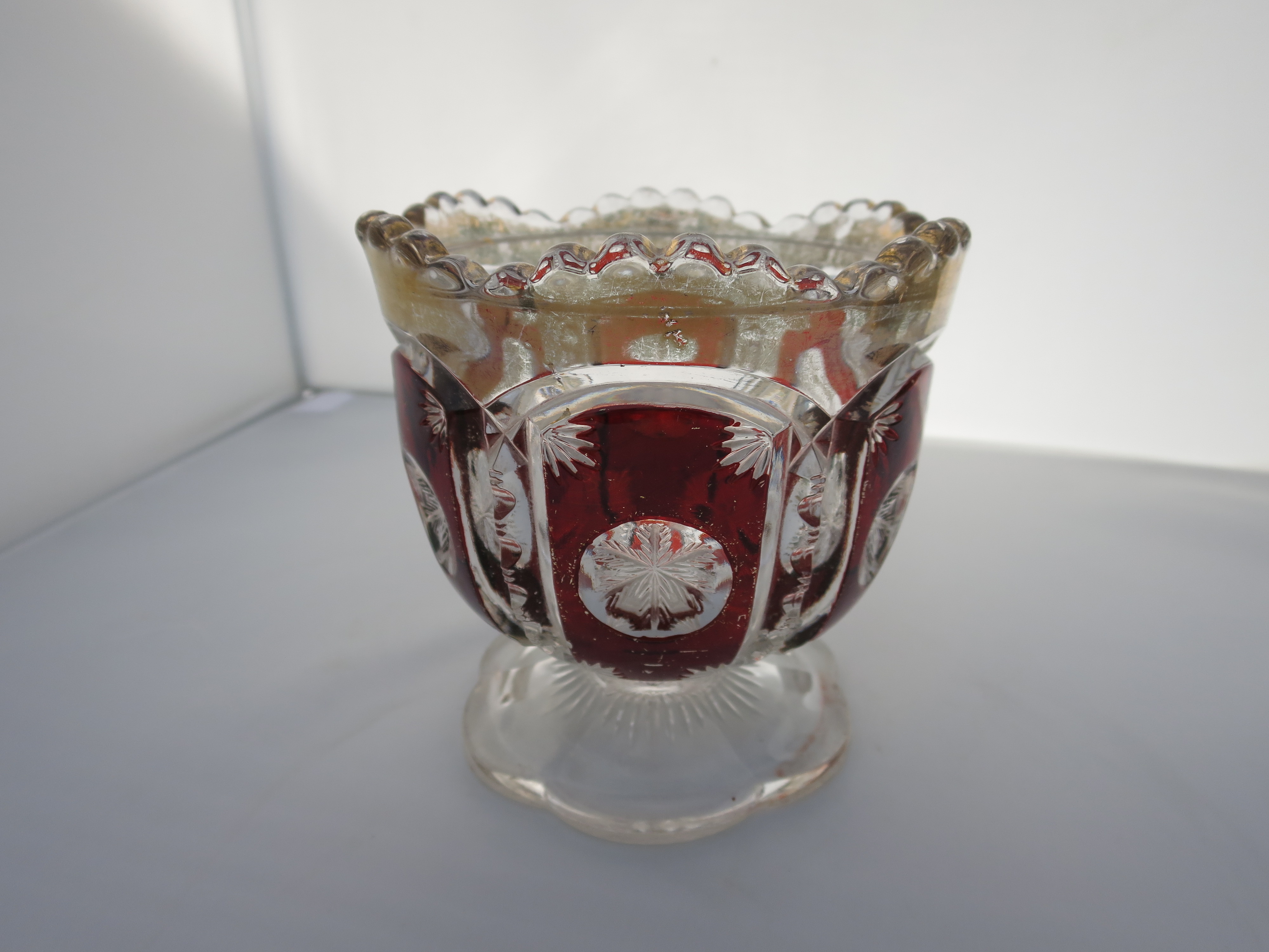 Ruby Red Snow Flake Saw Tooth Sugar Bowl with Gold Trim
