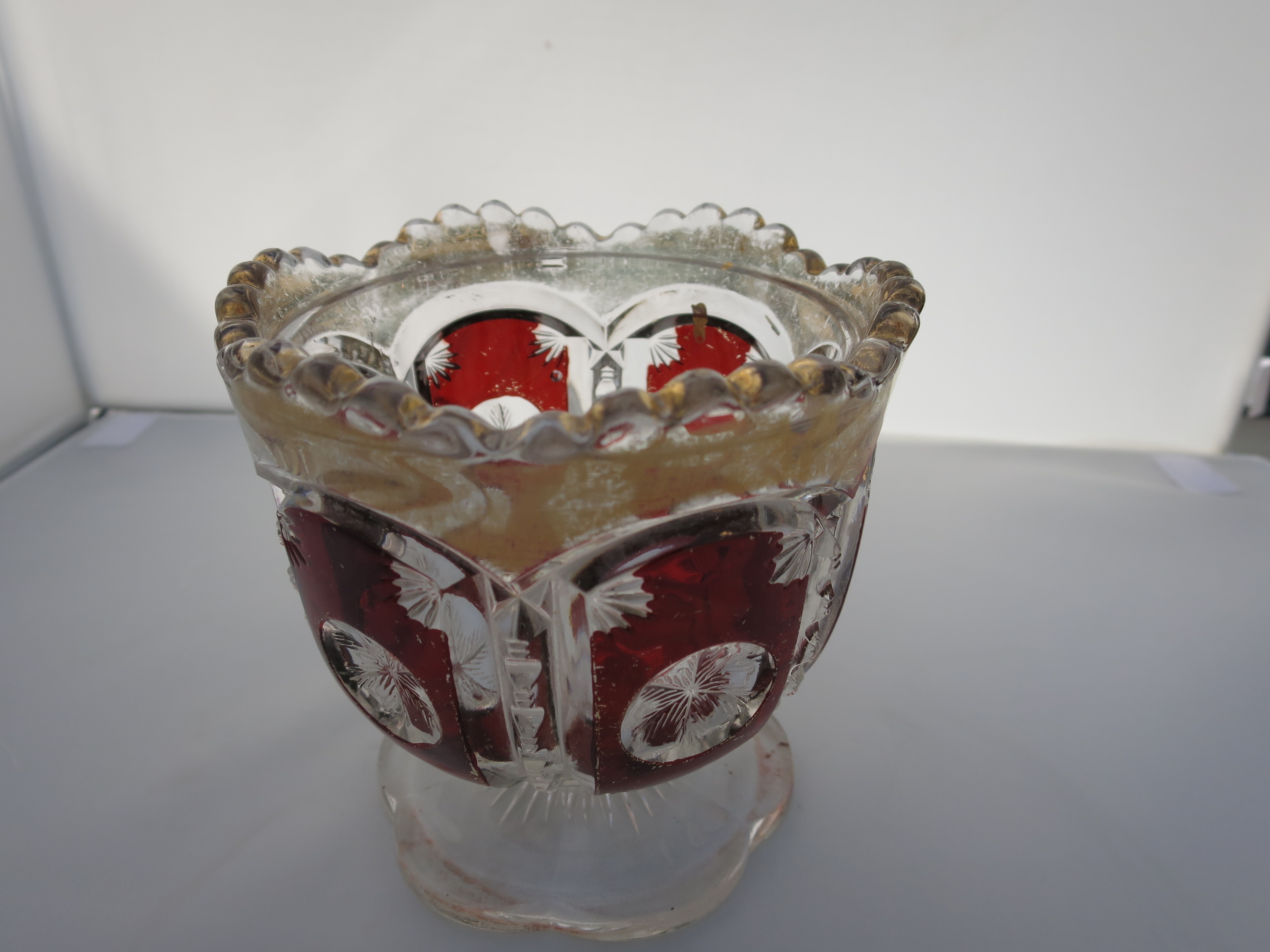 Ruby Red Snow Flake Saw Tooth Sugar Bowl with Gold Trim