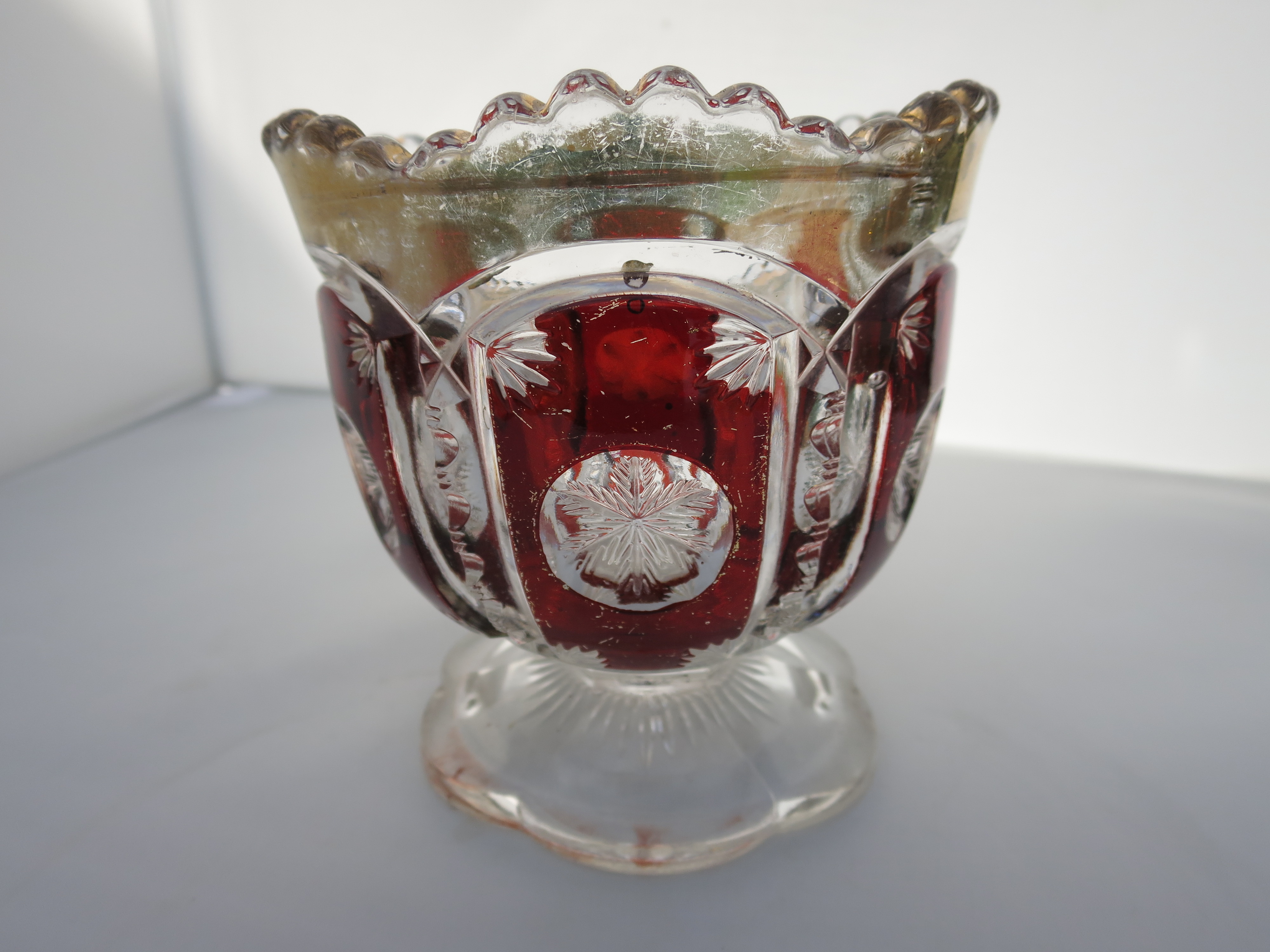 Ruby Red Snow Flake Saw Tooth Sugar Bowl with Gold Trim