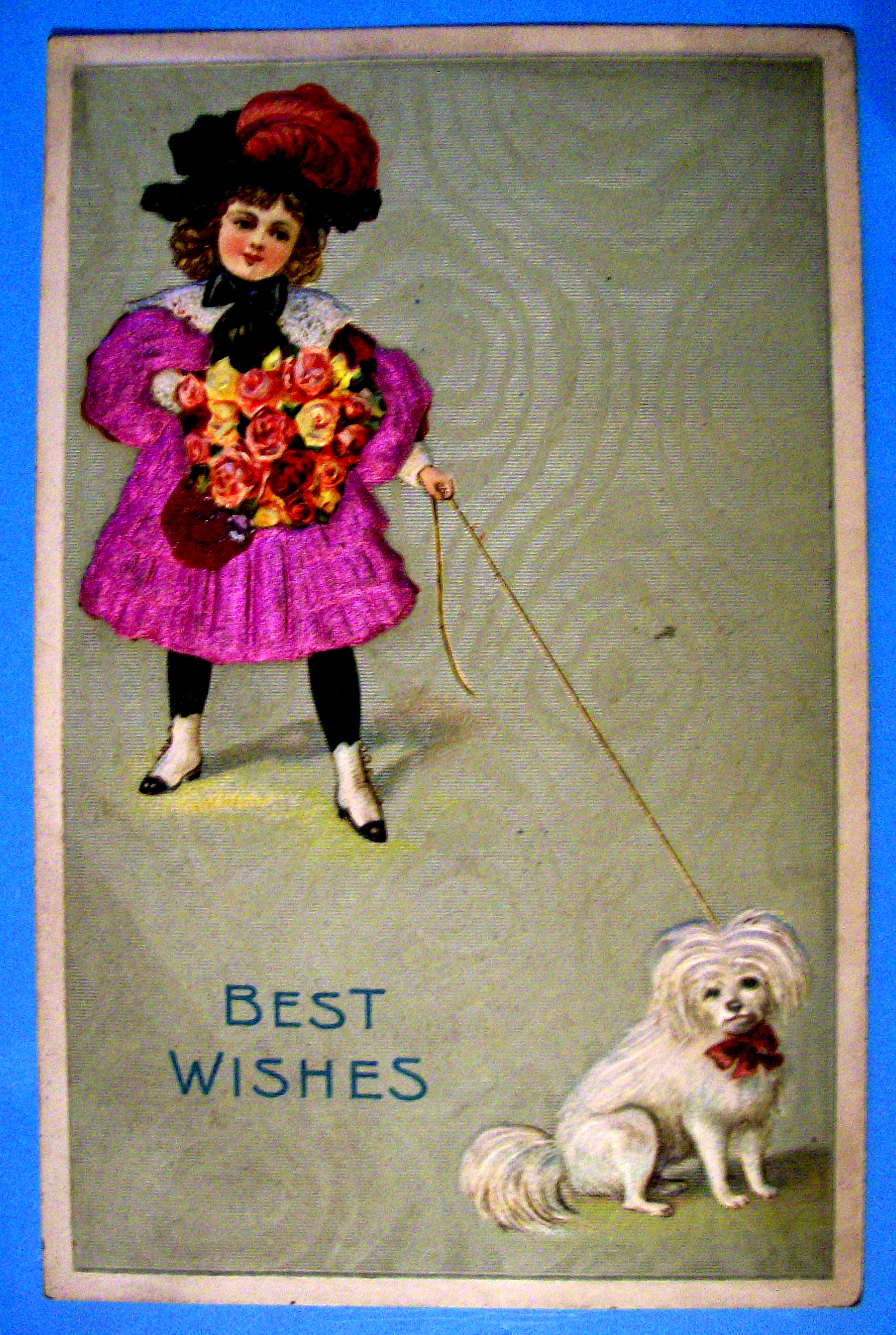 Best Wishes Postcard w/Girl Holding Dog's Leash
