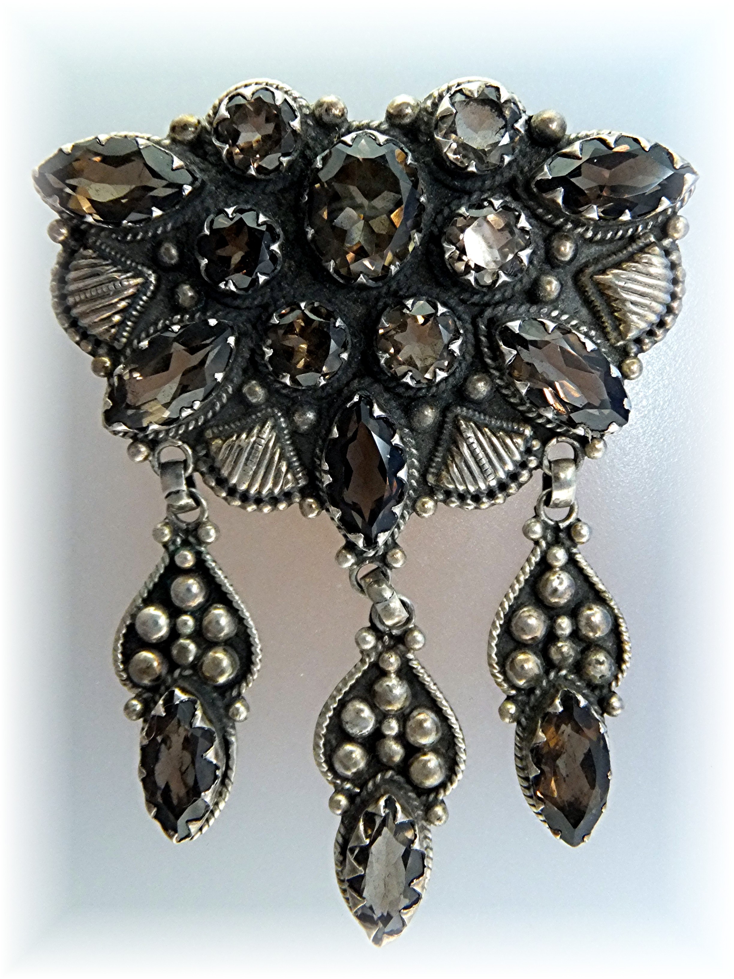 Pendant Brooch  Sterling Silver Smoky Topaz Dangles