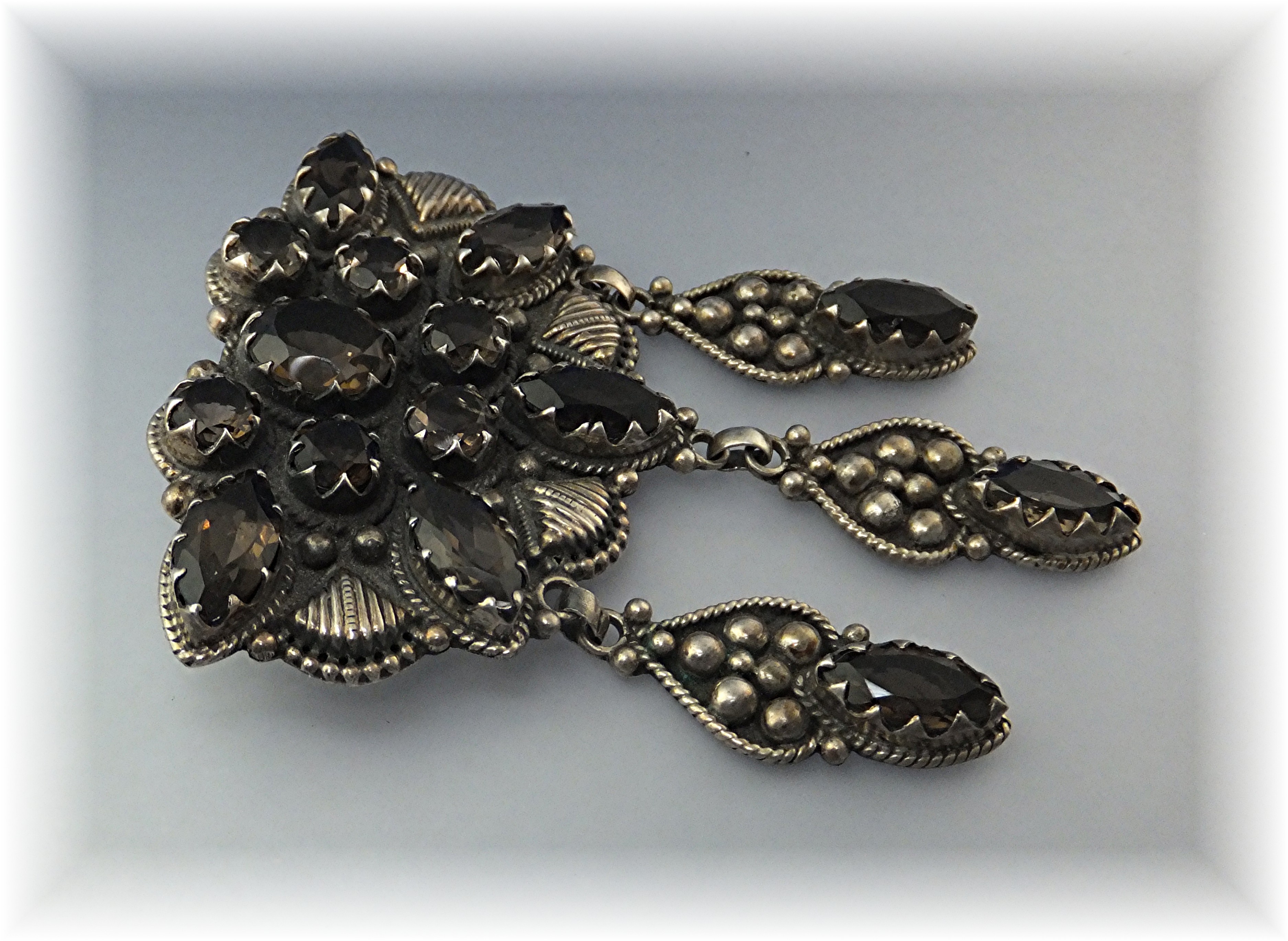 Pendant Brooch  Sterling Silver Smoky Topaz Dangles