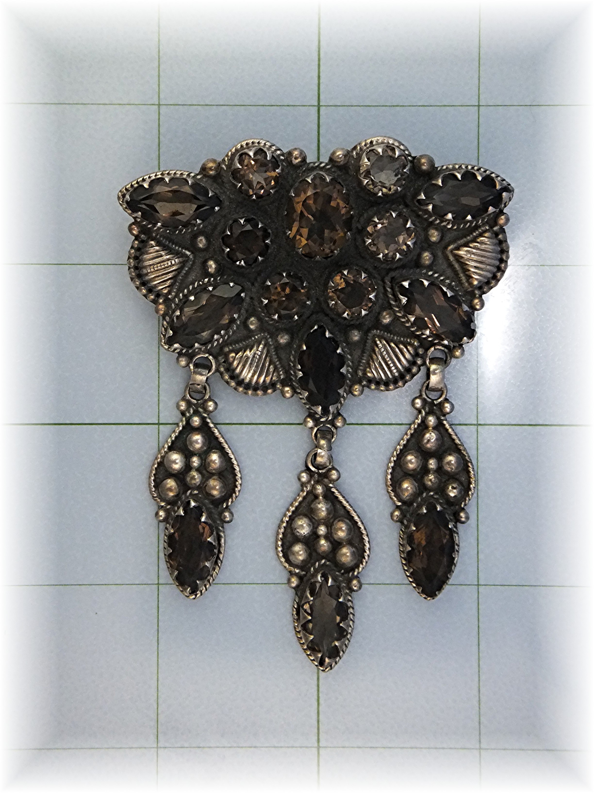 Pendant Brooch  Sterling Silver Smoky Topaz Dangles