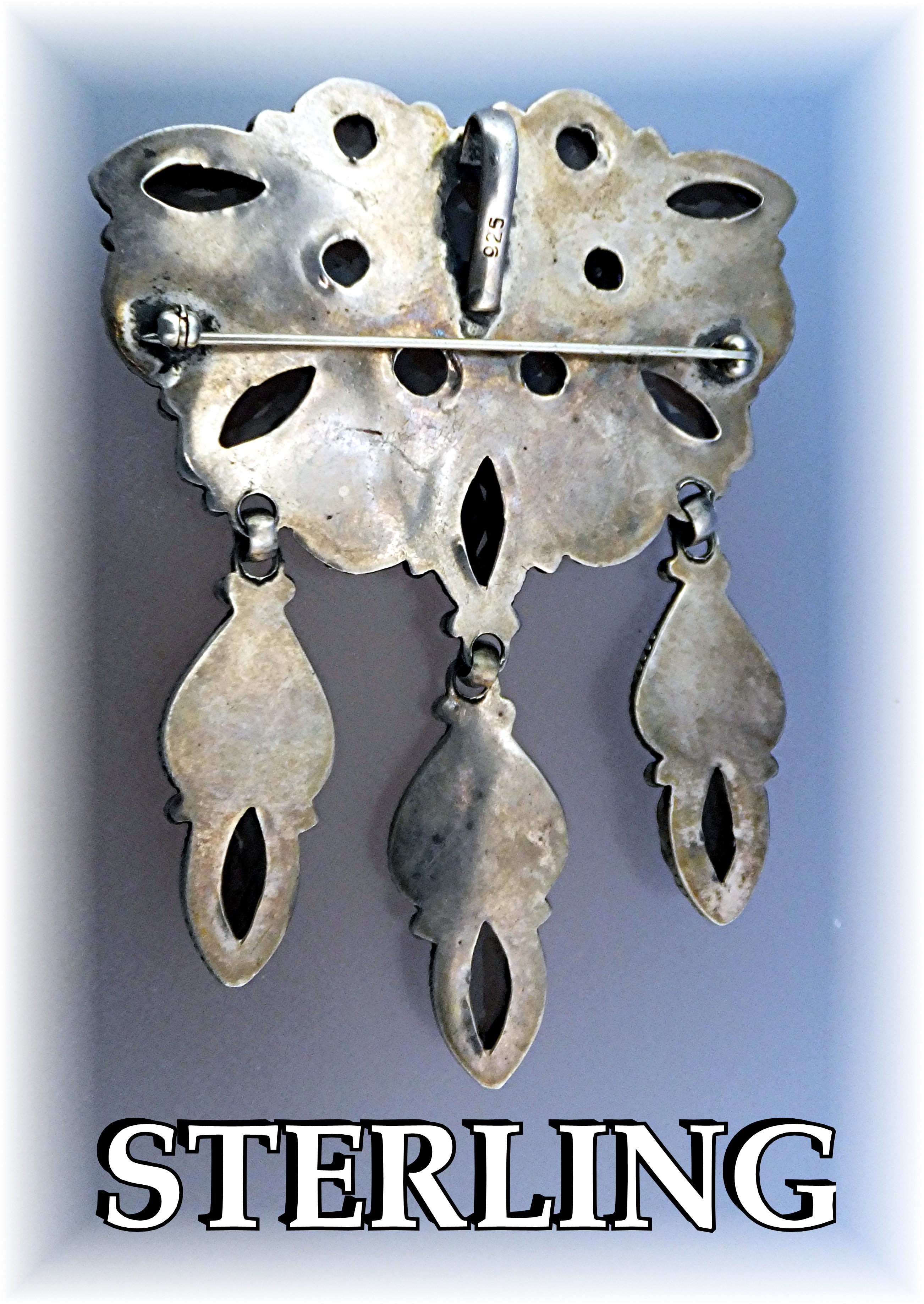 Pendant Brooch  Sterling Silver Smoky Topaz Dangles