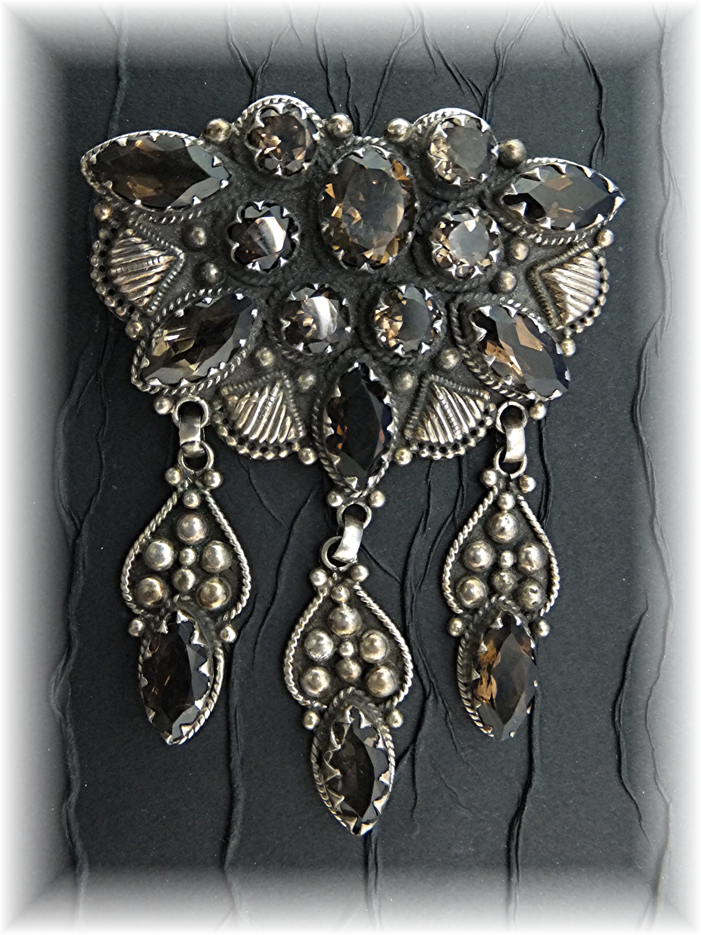 Pendant Brooch  Sterling Silver Smoky Topaz Dangles