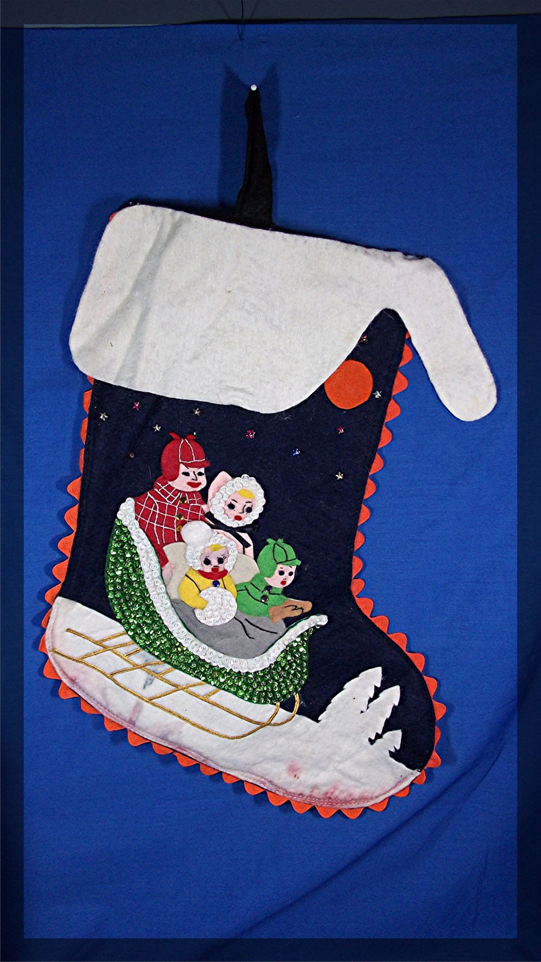 Christmas Stocking, handmade, felt, family in sleigh