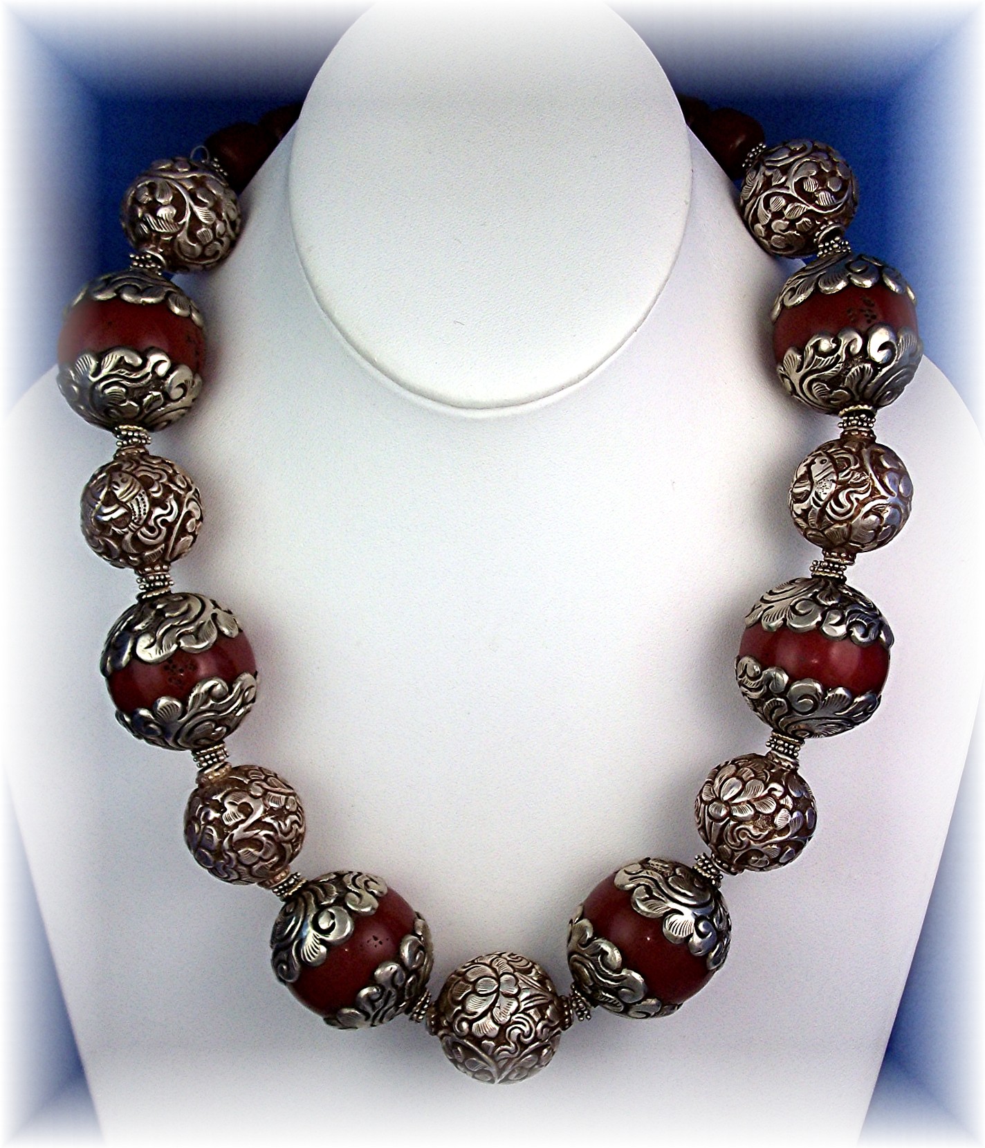 Necklace Sterling Silver & Red Resin Flower Scroll Bead