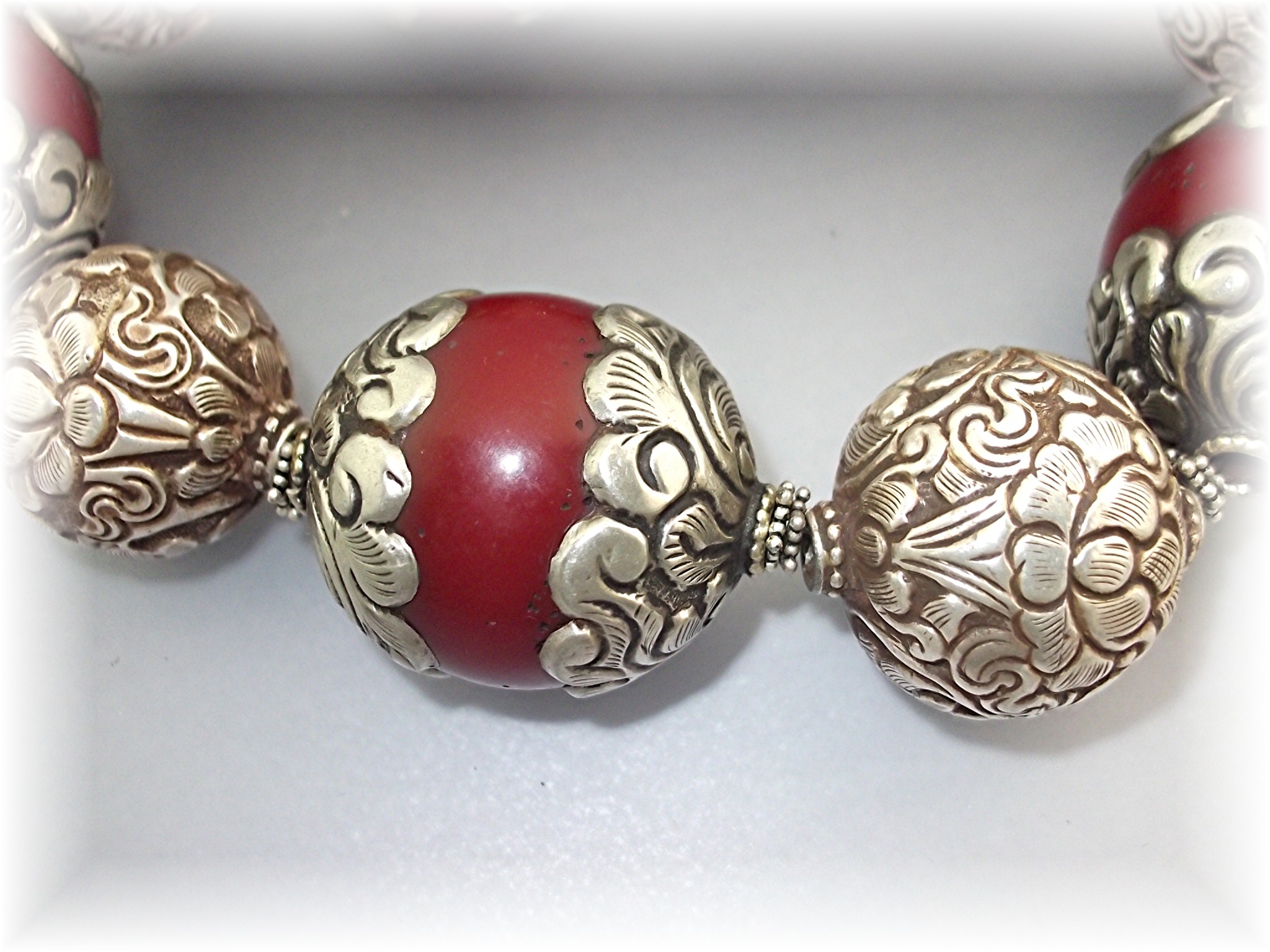 Necklace Sterling Silver & Red Resin Flower Scroll Bead
