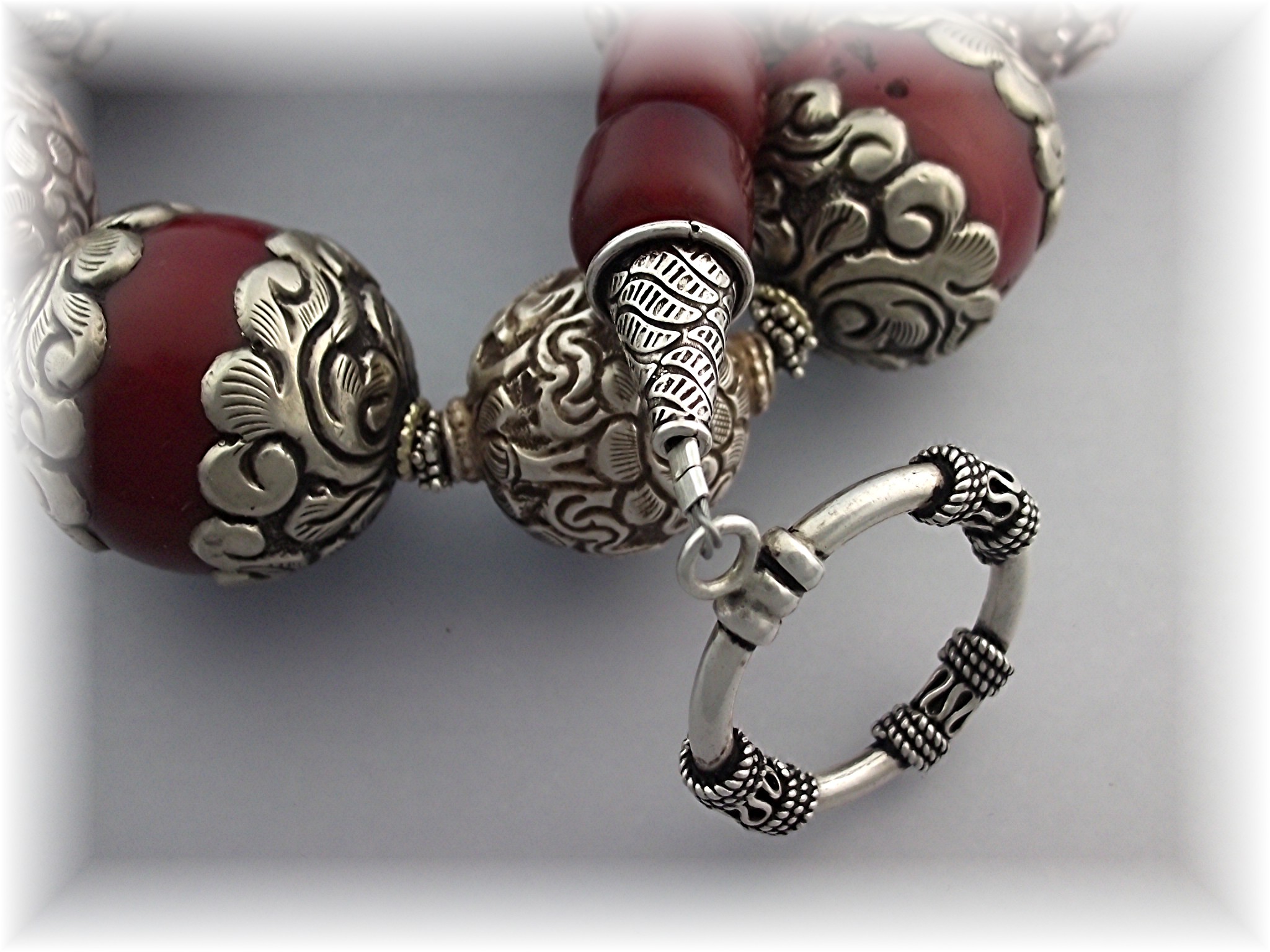 Necklace Sterling Silver & Red Resin Flower Scroll Bead