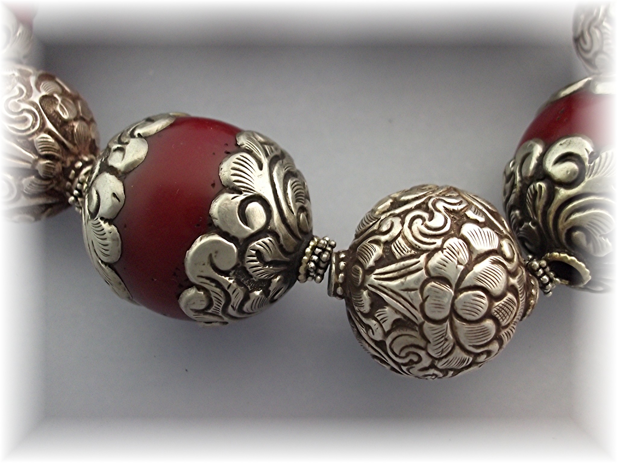 Necklace Sterling Silver & Red Resin Flower Scroll Bead