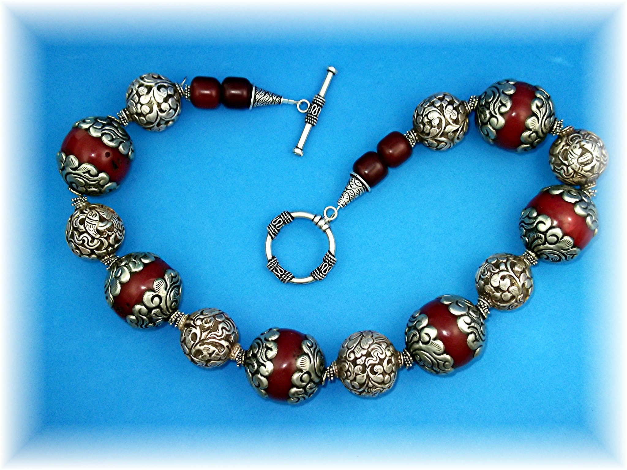 Necklace Sterling Silver & Red Resin Flower Scroll Bead