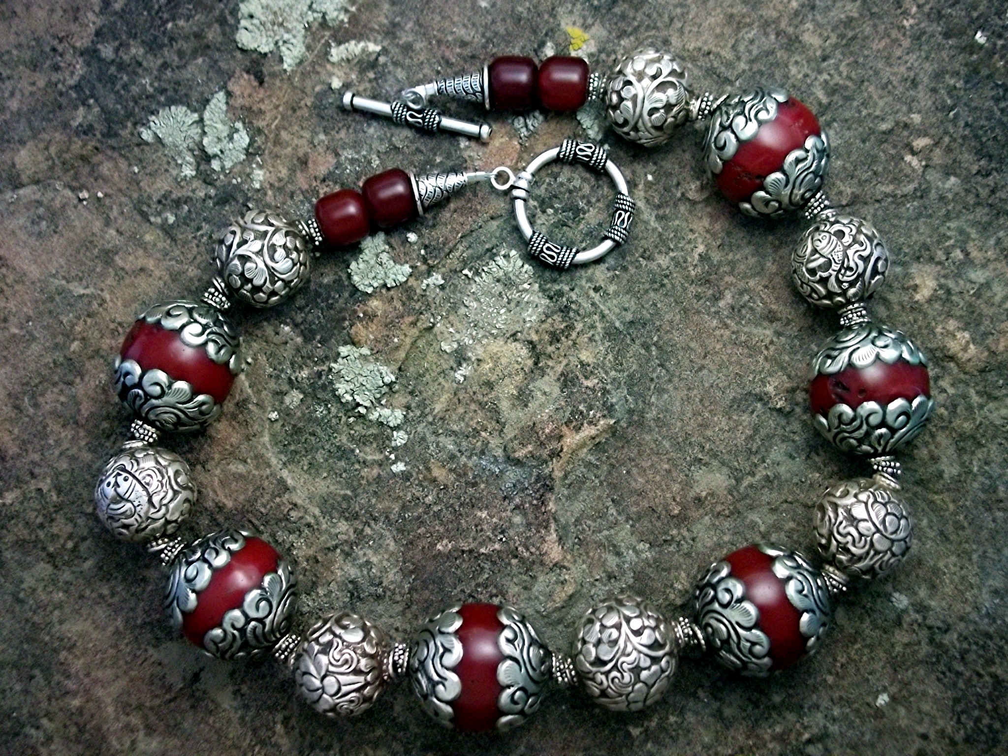 Necklace Sterling Silver & Red Resin Flower Scroll Bead