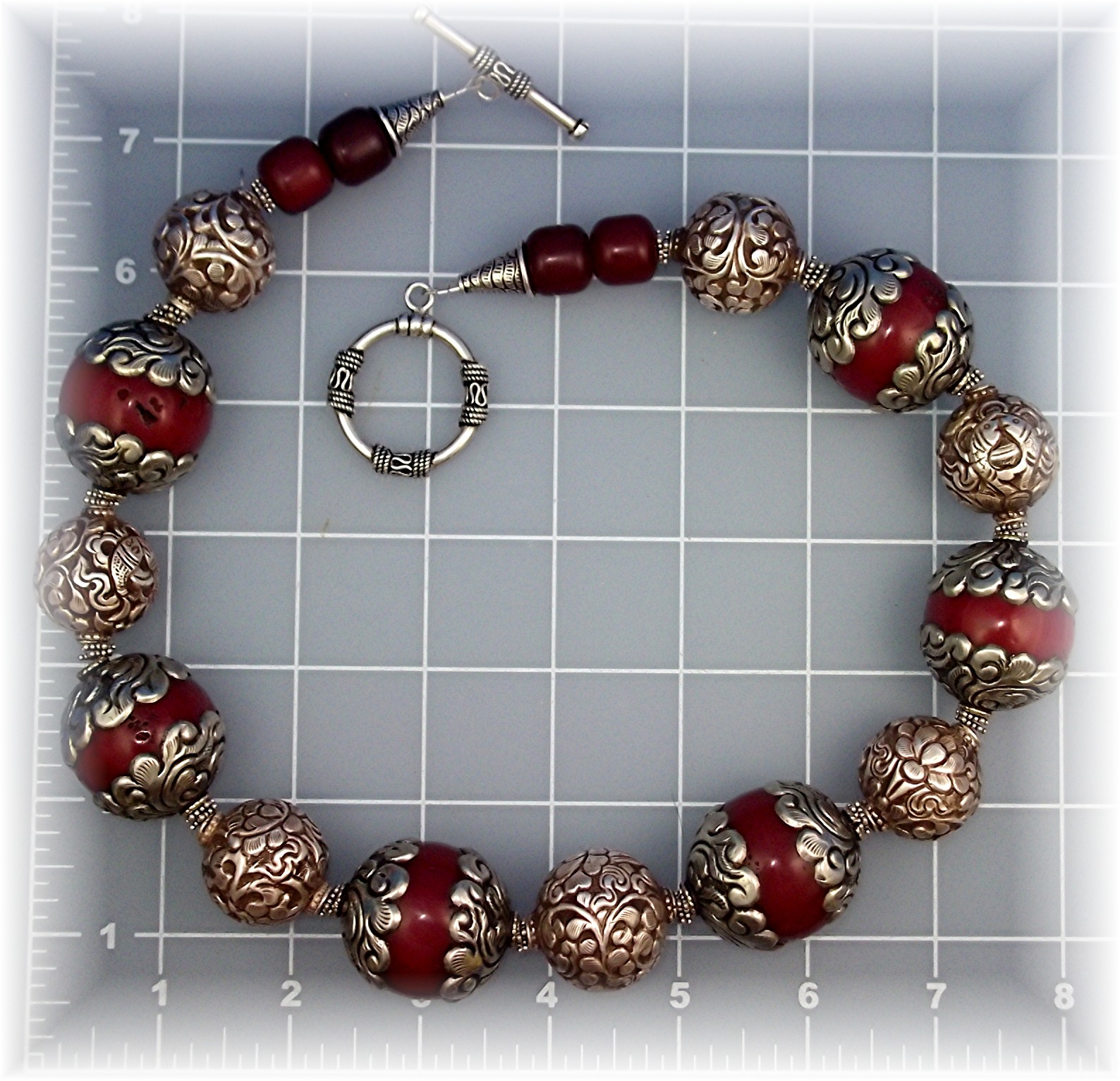 Necklace Sterling Silver & Red Resin Flower Scroll Bead