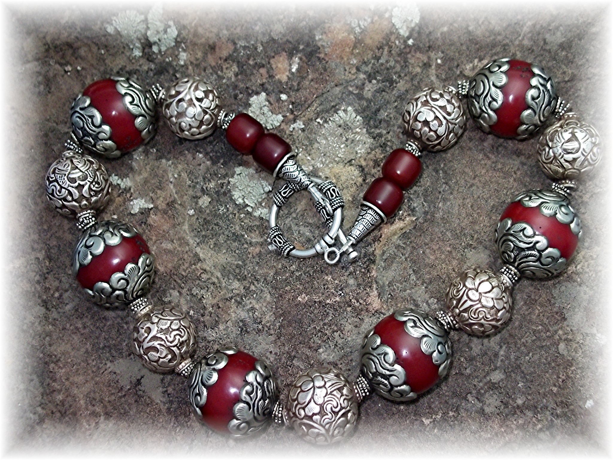 Necklace Sterling Silver & Red Resin Flower Scroll Bead