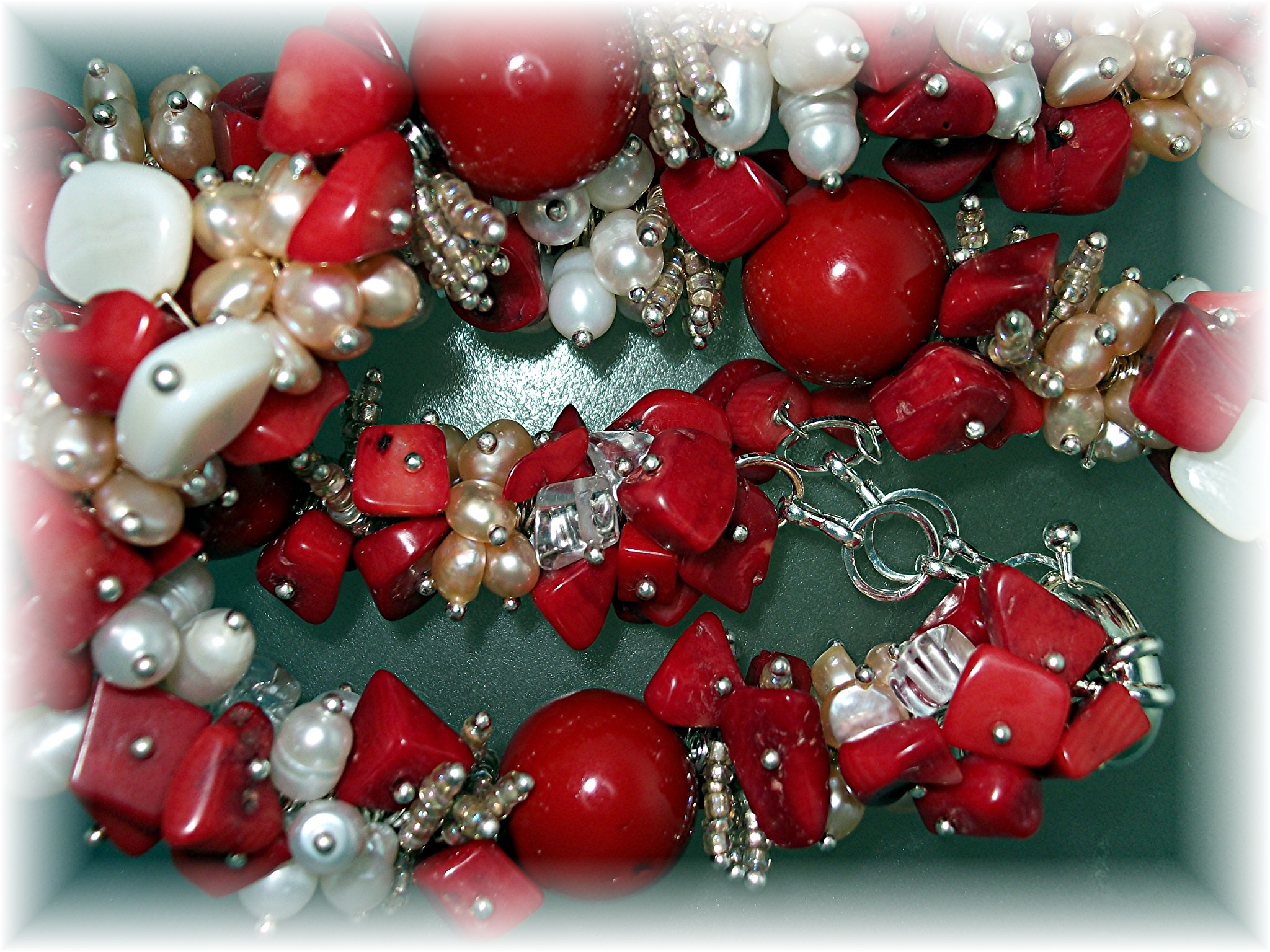 Coral Pink White Freshwater Pearls  Silver Neclace