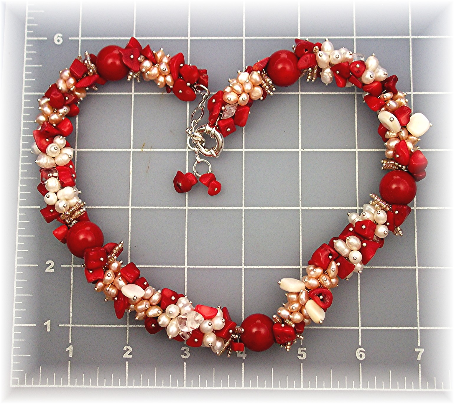 Coral Pink White Freshwater Pearls  Silver Neclace
