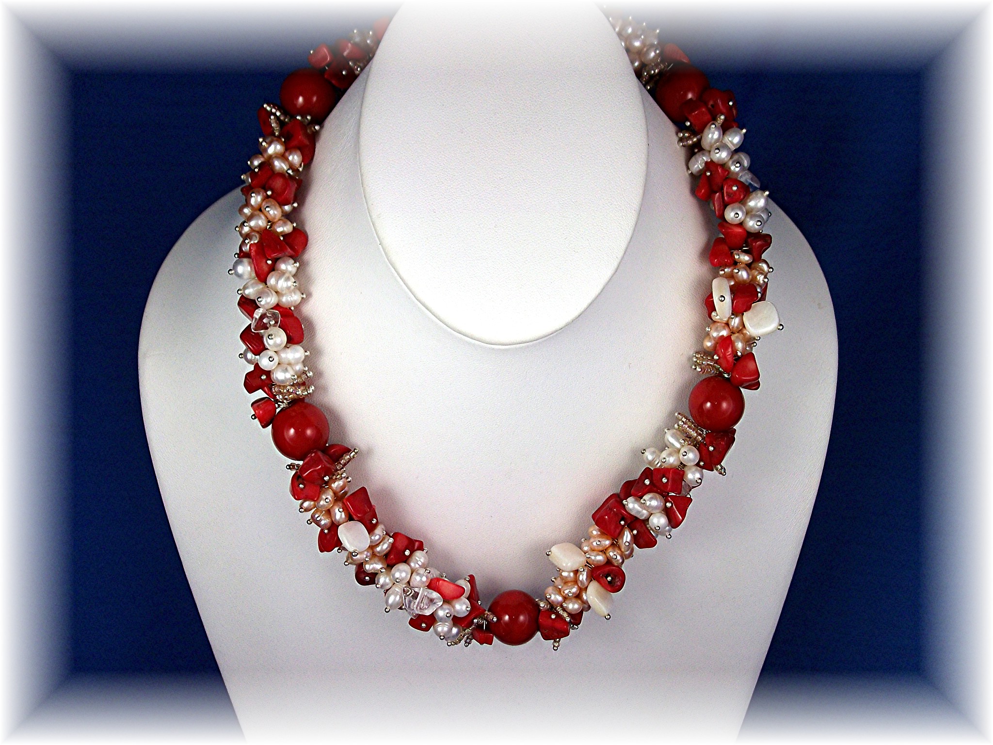 Coral Pink White Freshwater Pearls  Silver Neclace