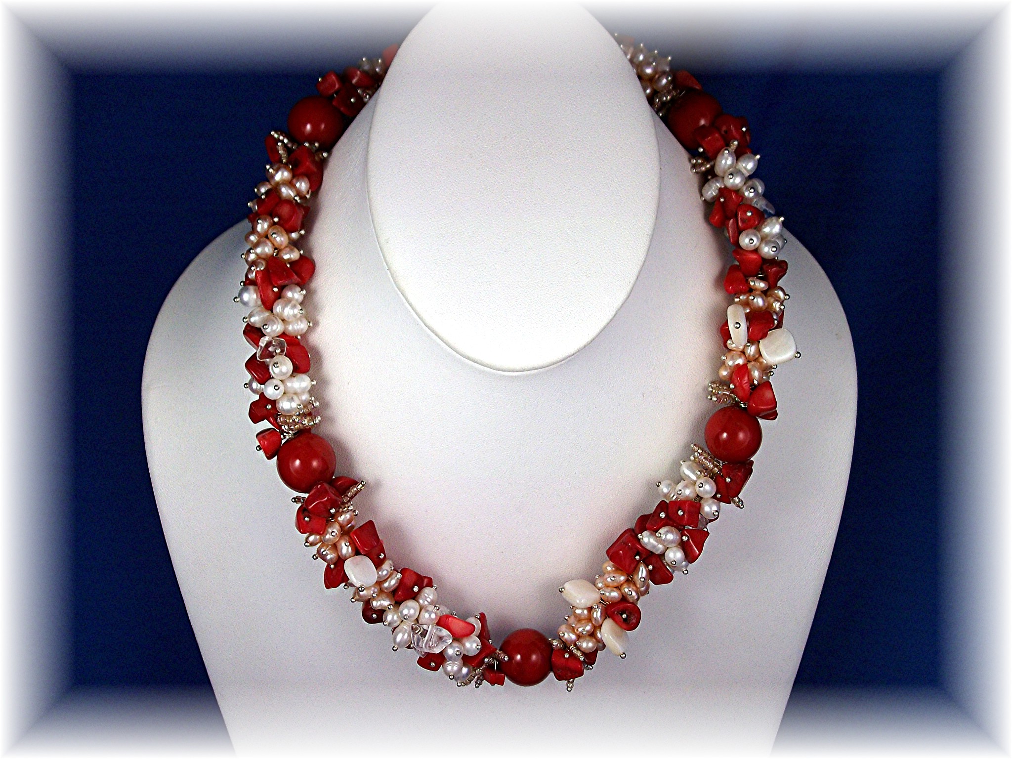 Coral Pink White Freshwater Pearls  Silver Neclace