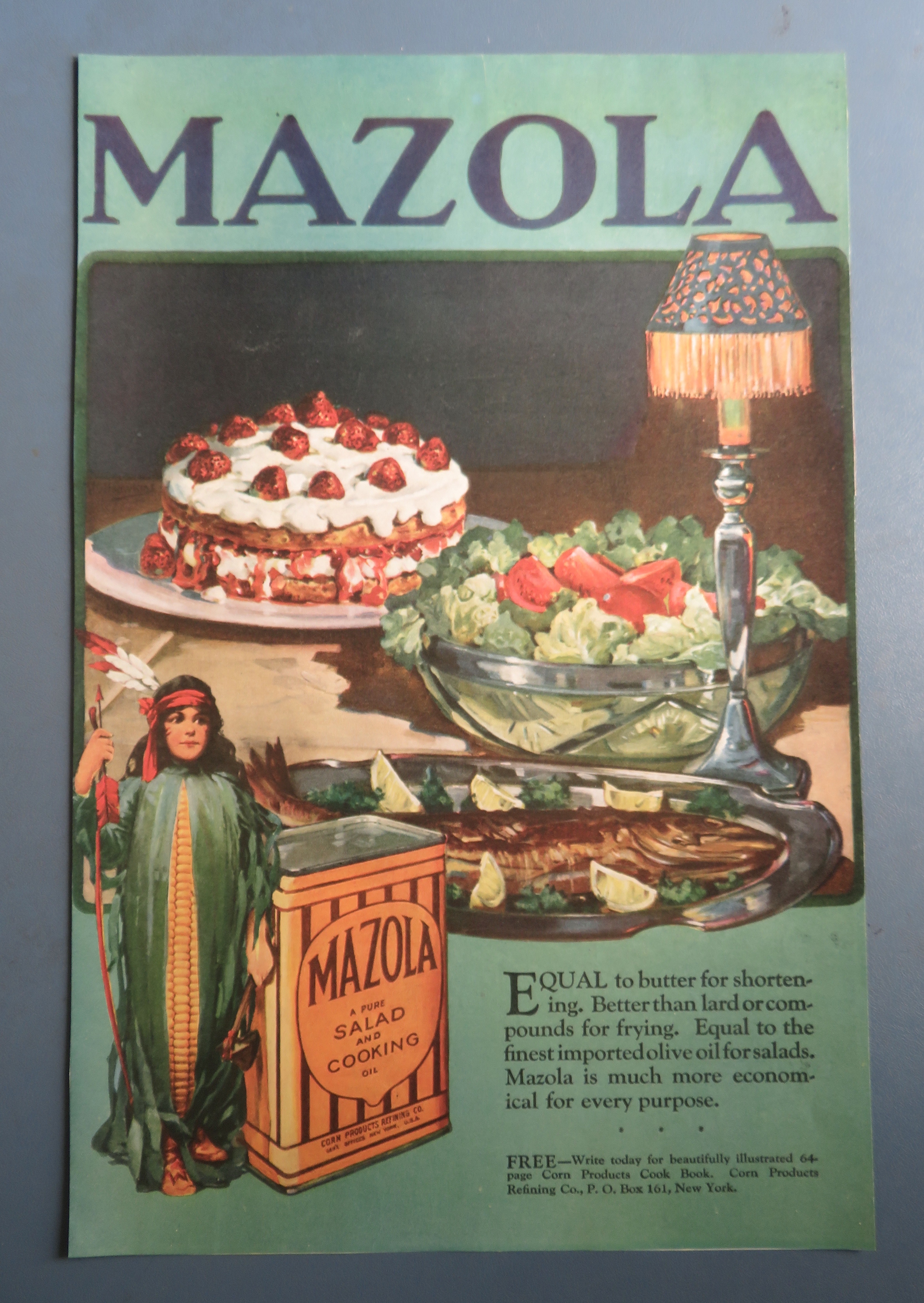 1920 Mazola Salad & Cooking Oil with Fish, Salad & Cake