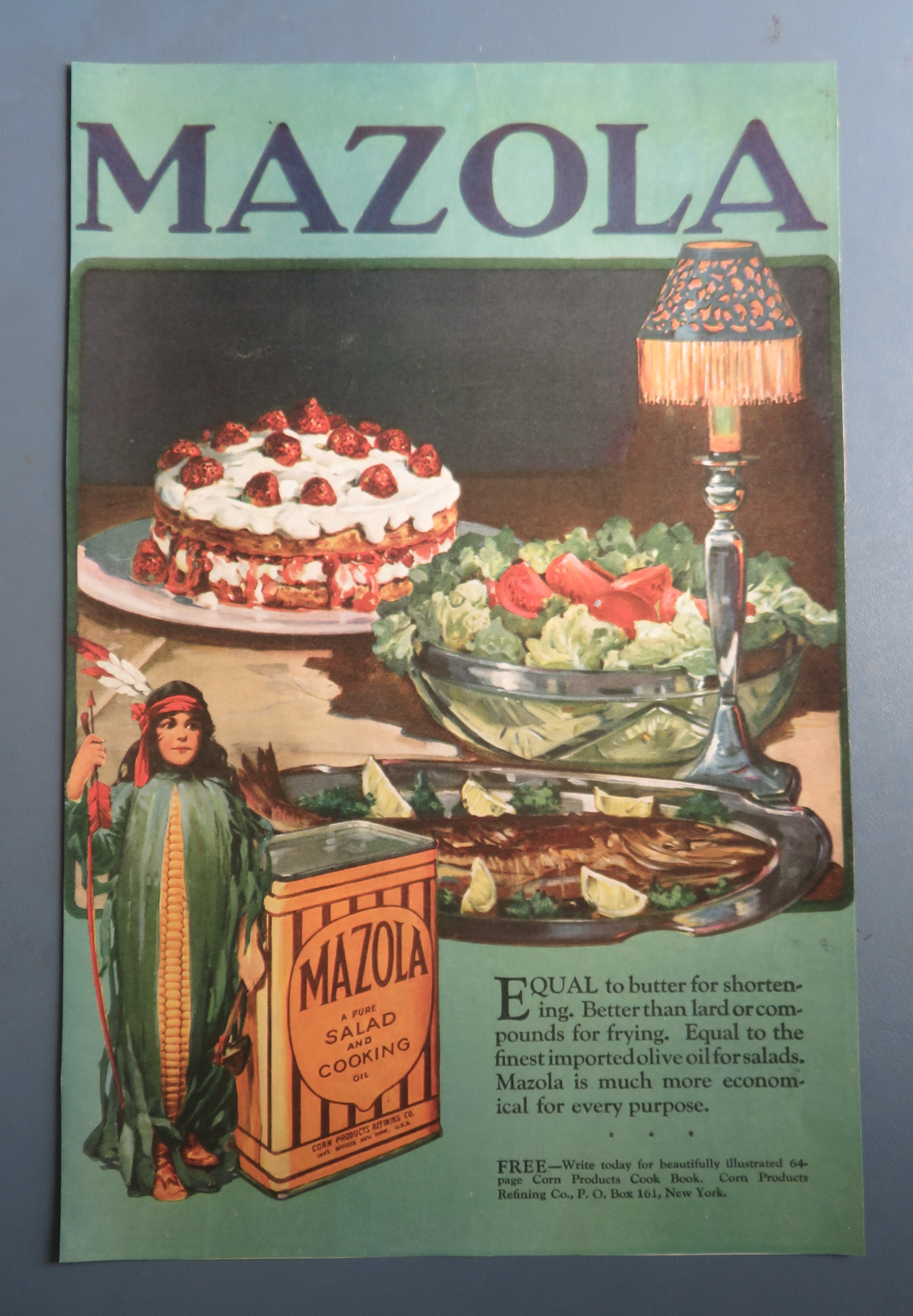1920 Mazola Salad & Cooking Oil with Fish, Salad & Cake