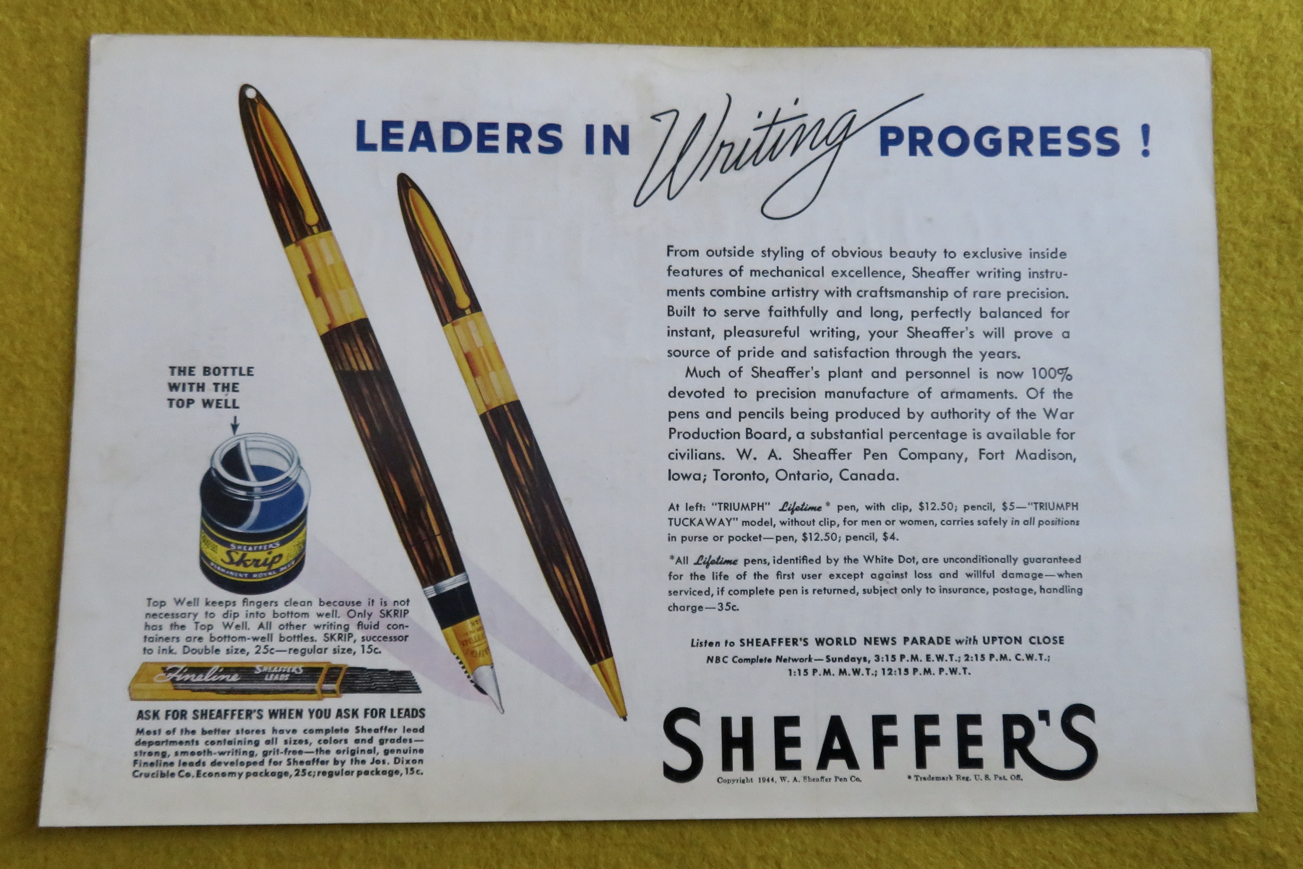 1944 Sheaffer's Pens with Triumph Lifetime Pen