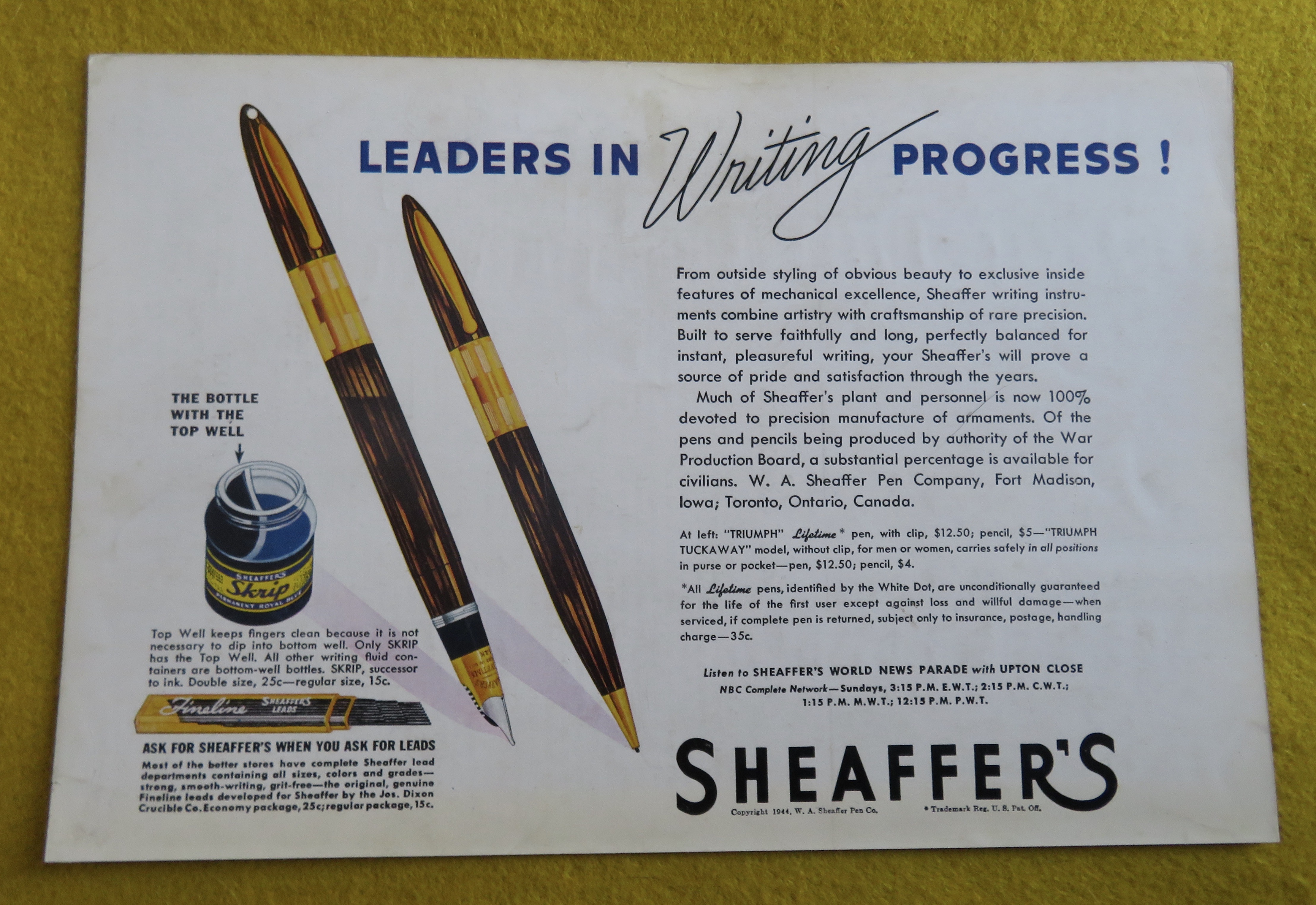 1944 Sheaffer's Pens with Triumph Lifetime Pen