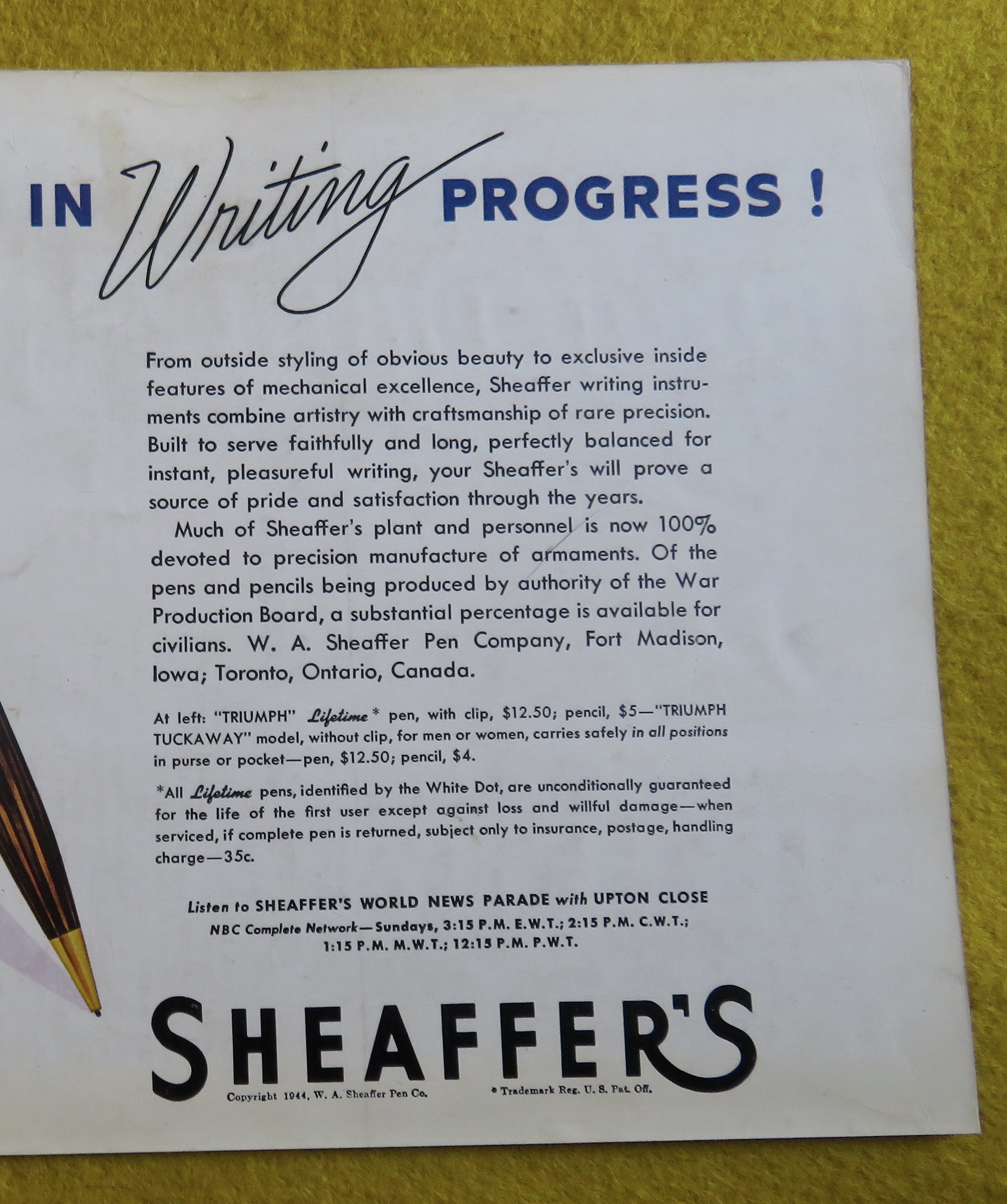 1944 Sheaffer's Pens with Triumph Lifetime Pen