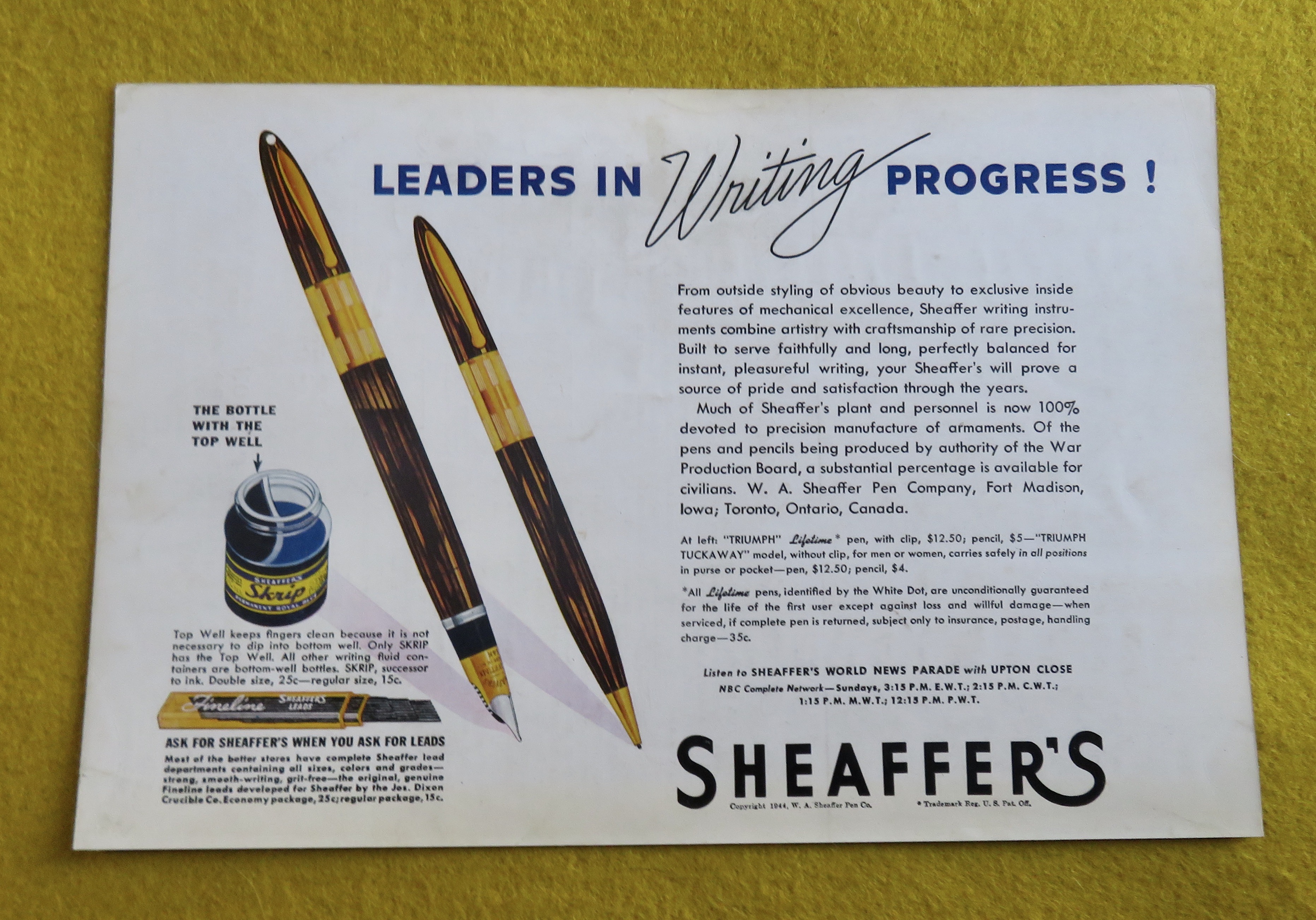 1944 Sheaffer's Pens with Triumph Lifetime Pen