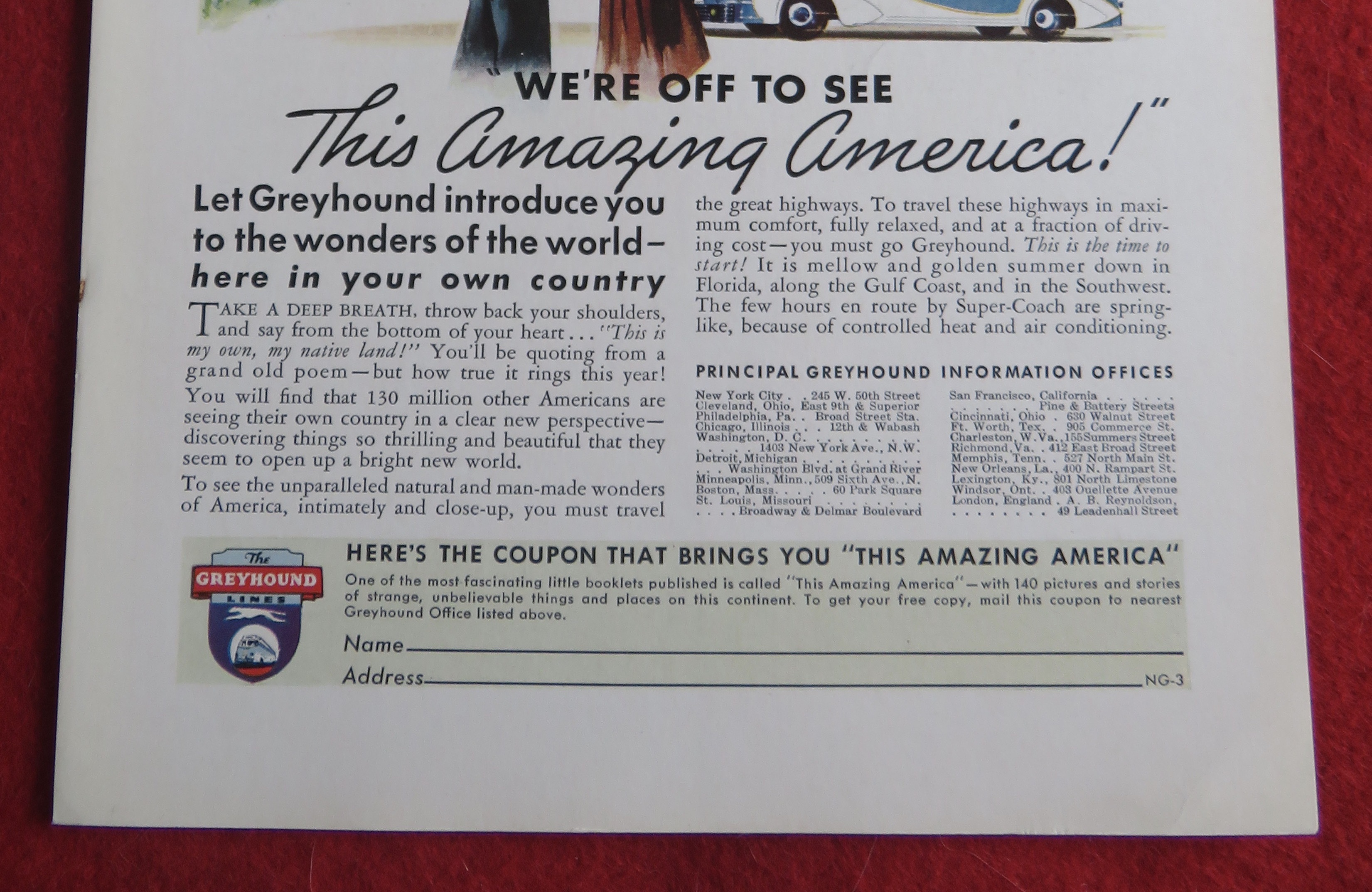 1940 Greyhound with Off To See Amazing America