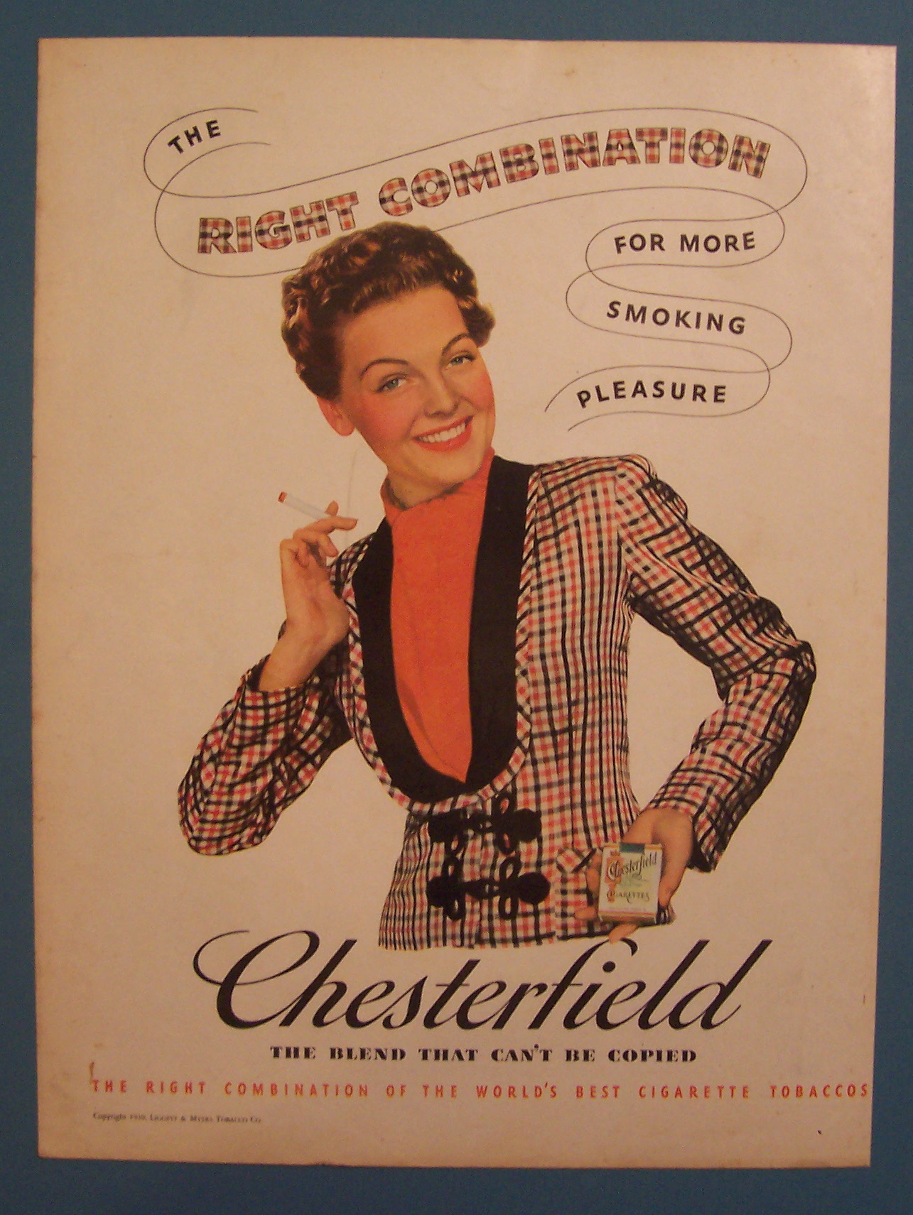 1939 Chesterfield Cigarettes w/Woman Smoking Cigarette